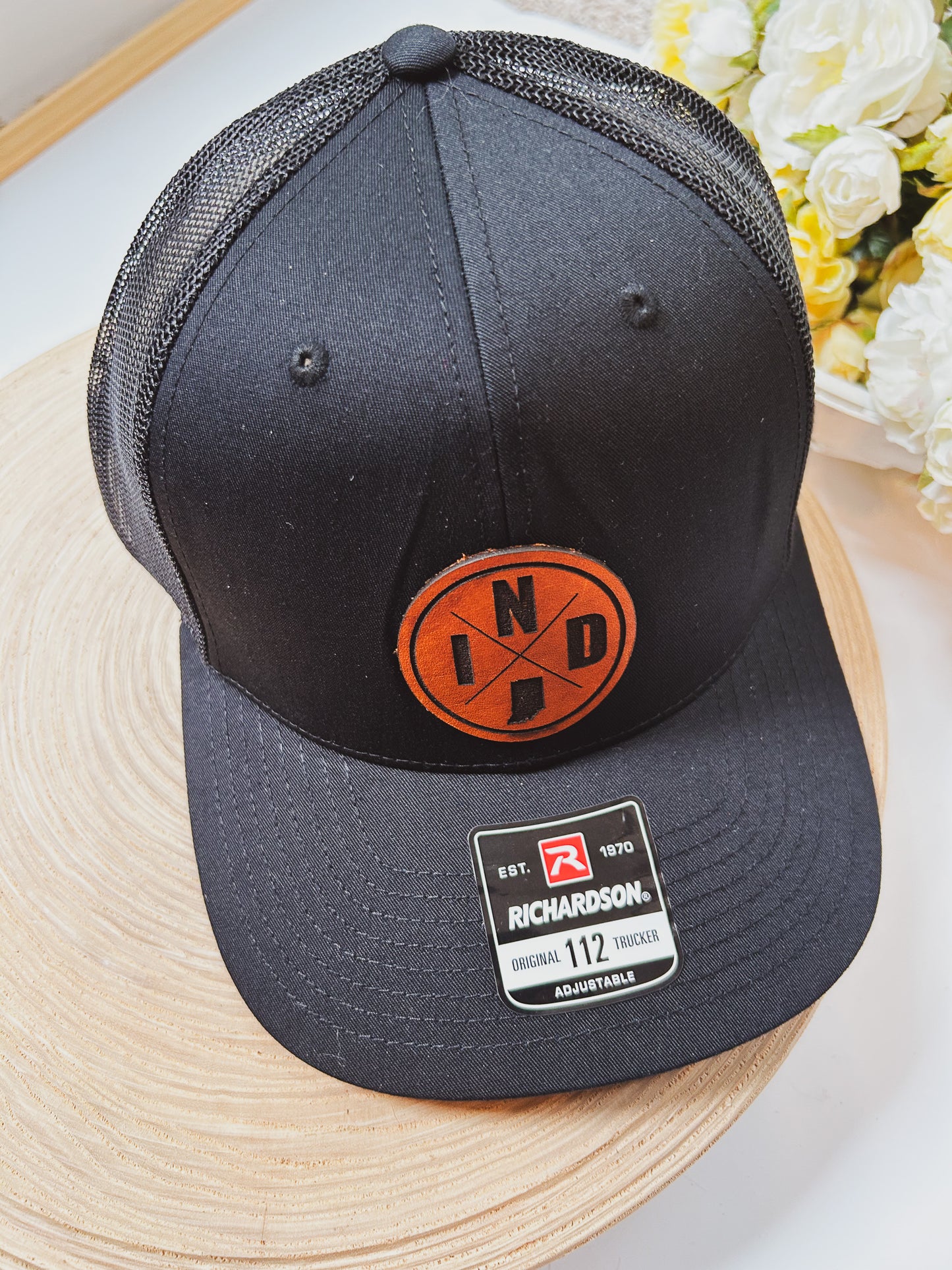 Circle IND Leather Patch on Black Richardson 112 Hat - Snap Closure