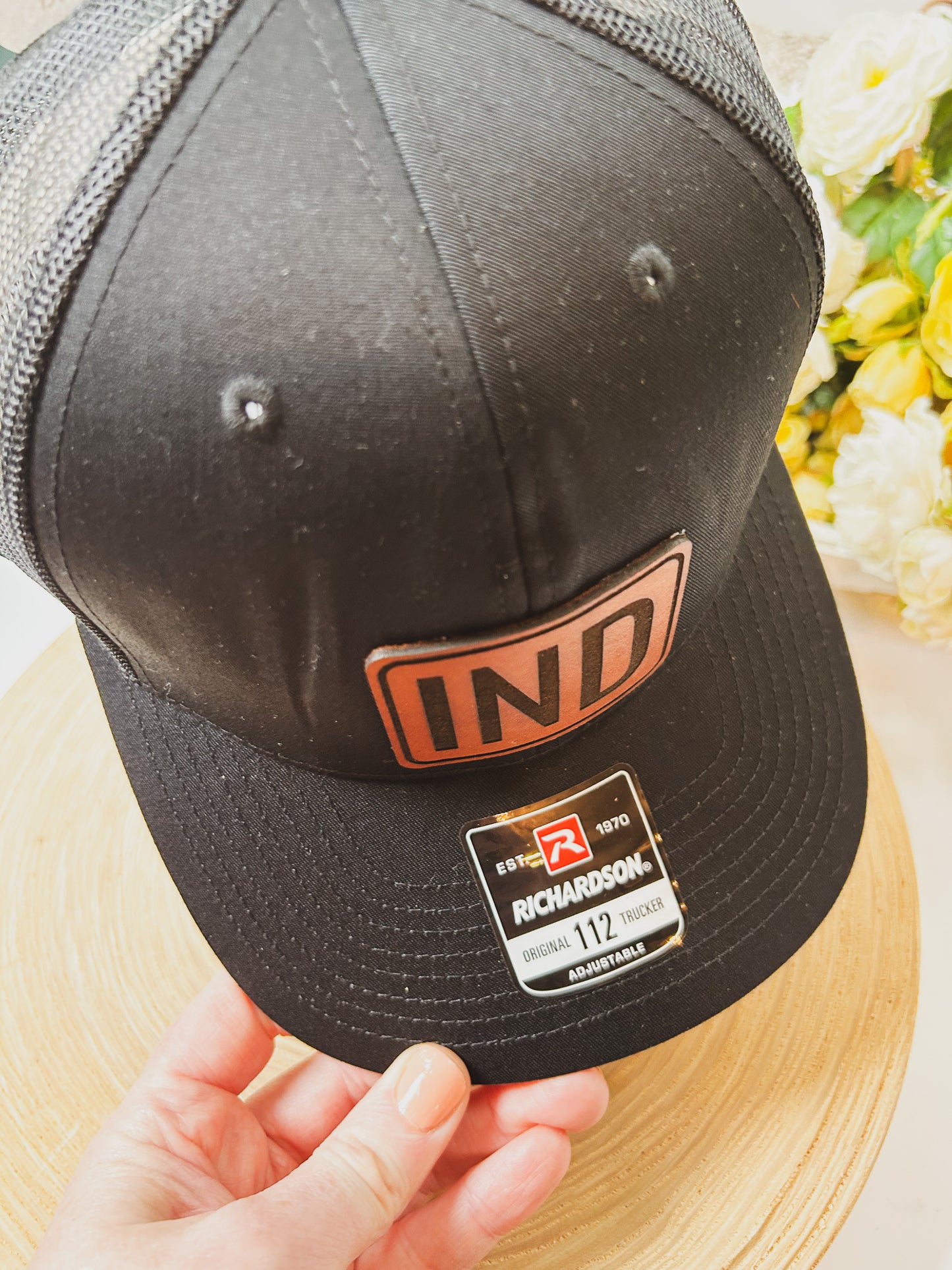 Rectangle IND Leather Patch on Black Richardson 112 Hat - Snap Closure