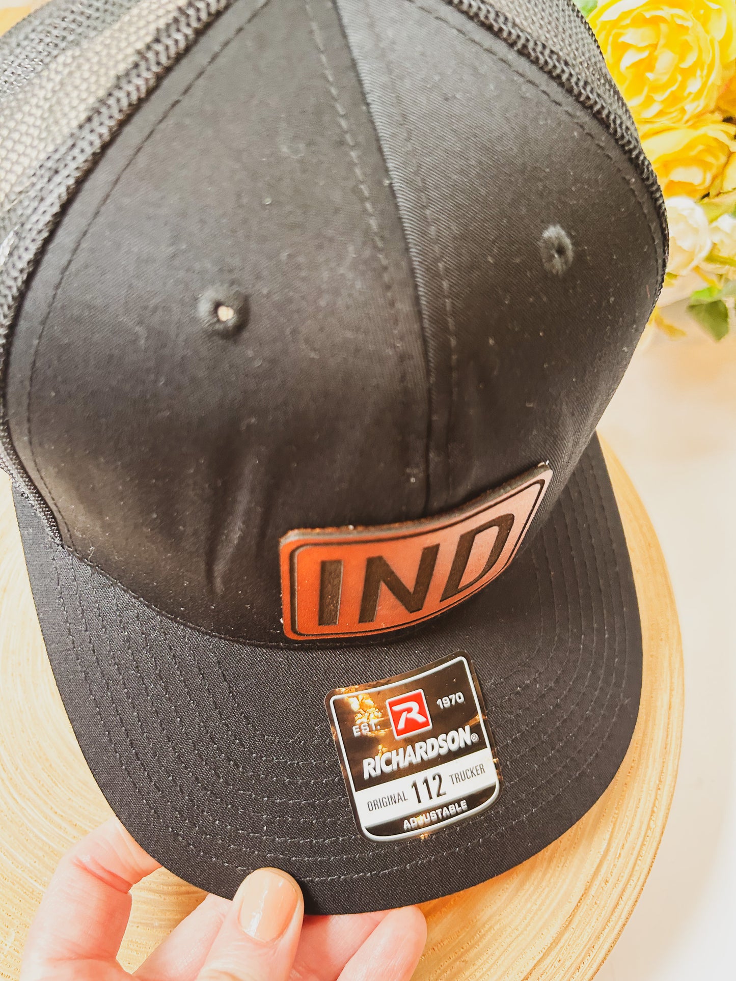 Rectangle IND Leather Patch on Black Richardson 112 Hat - Snap Closure