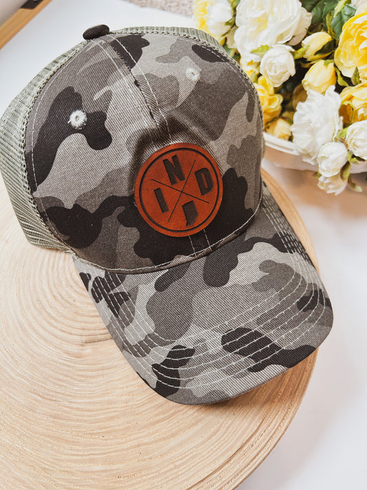 Circle IND Leather Patch on Camo Baseball Hat - Snap Closure