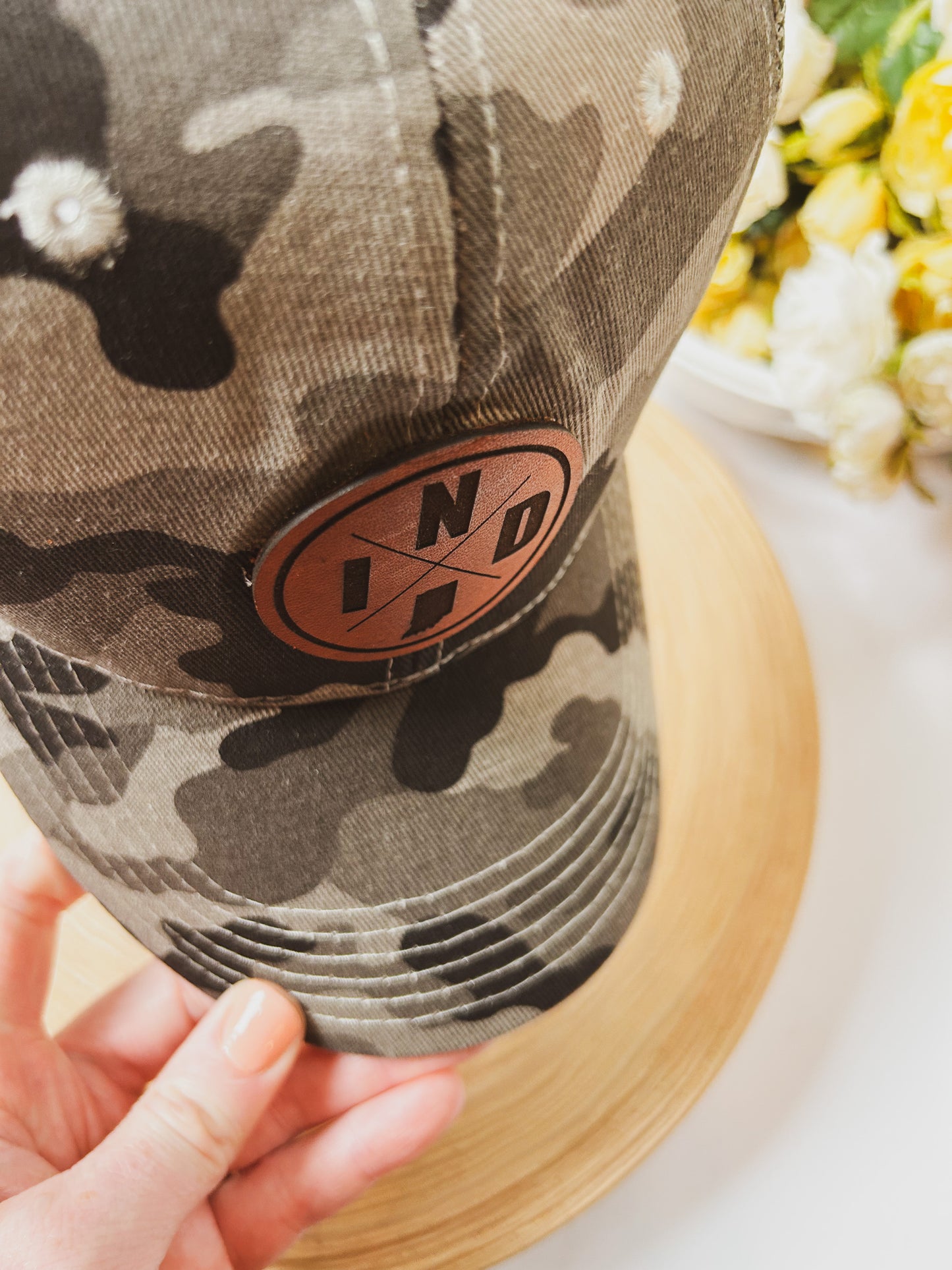Circle IND Leather Patch on Camo Baseball Hat - Snap Closure