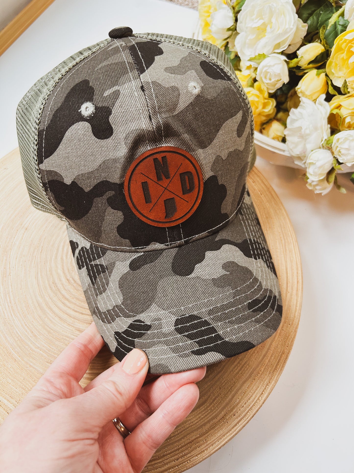 Circle IND Leather Patch on Camo Baseball Hat - Snap Closure