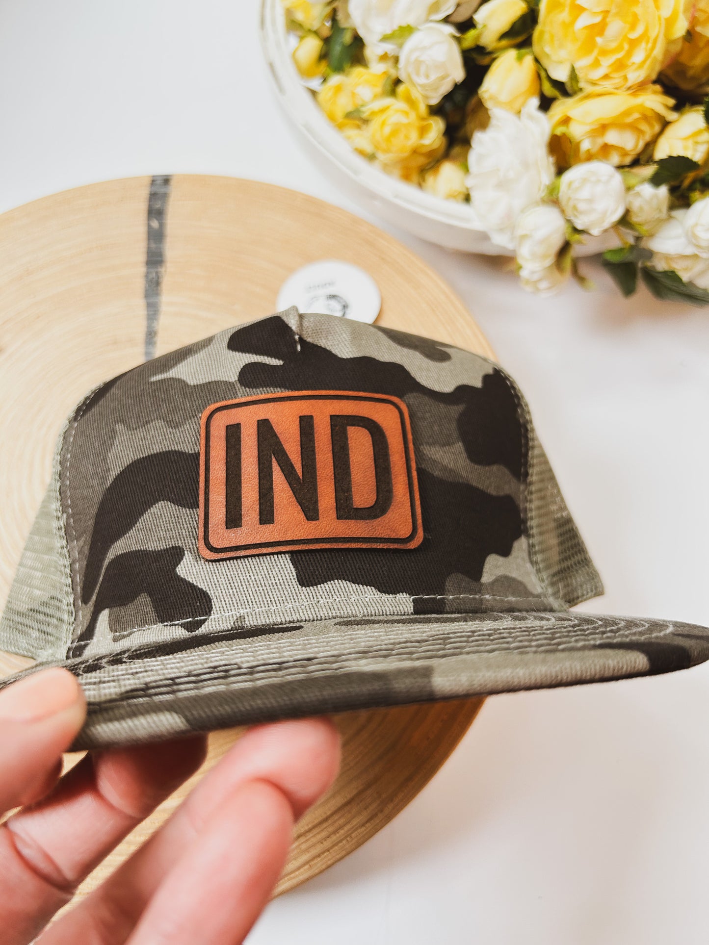 IND Rectangle Leather Patch on Gray Camo Trucker Hat - Adult