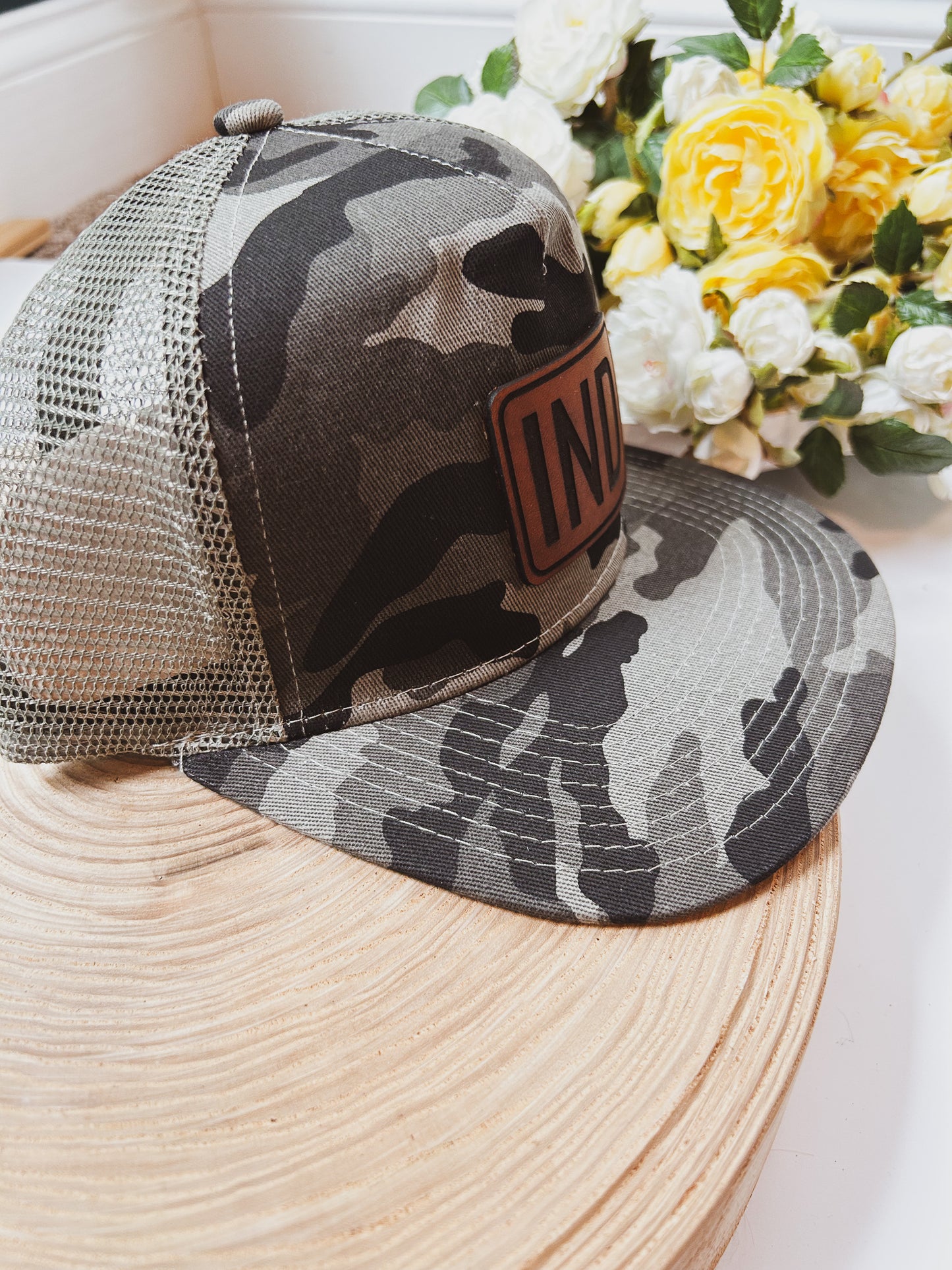 IND Rectangle Leather Patch on Gray Camo Trucker Hat - Adult