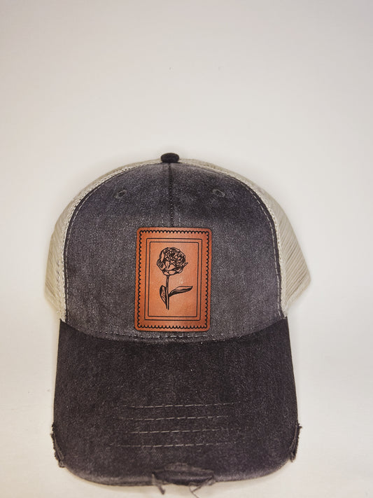 Vintage Peony Stamp Leather Patch Hat