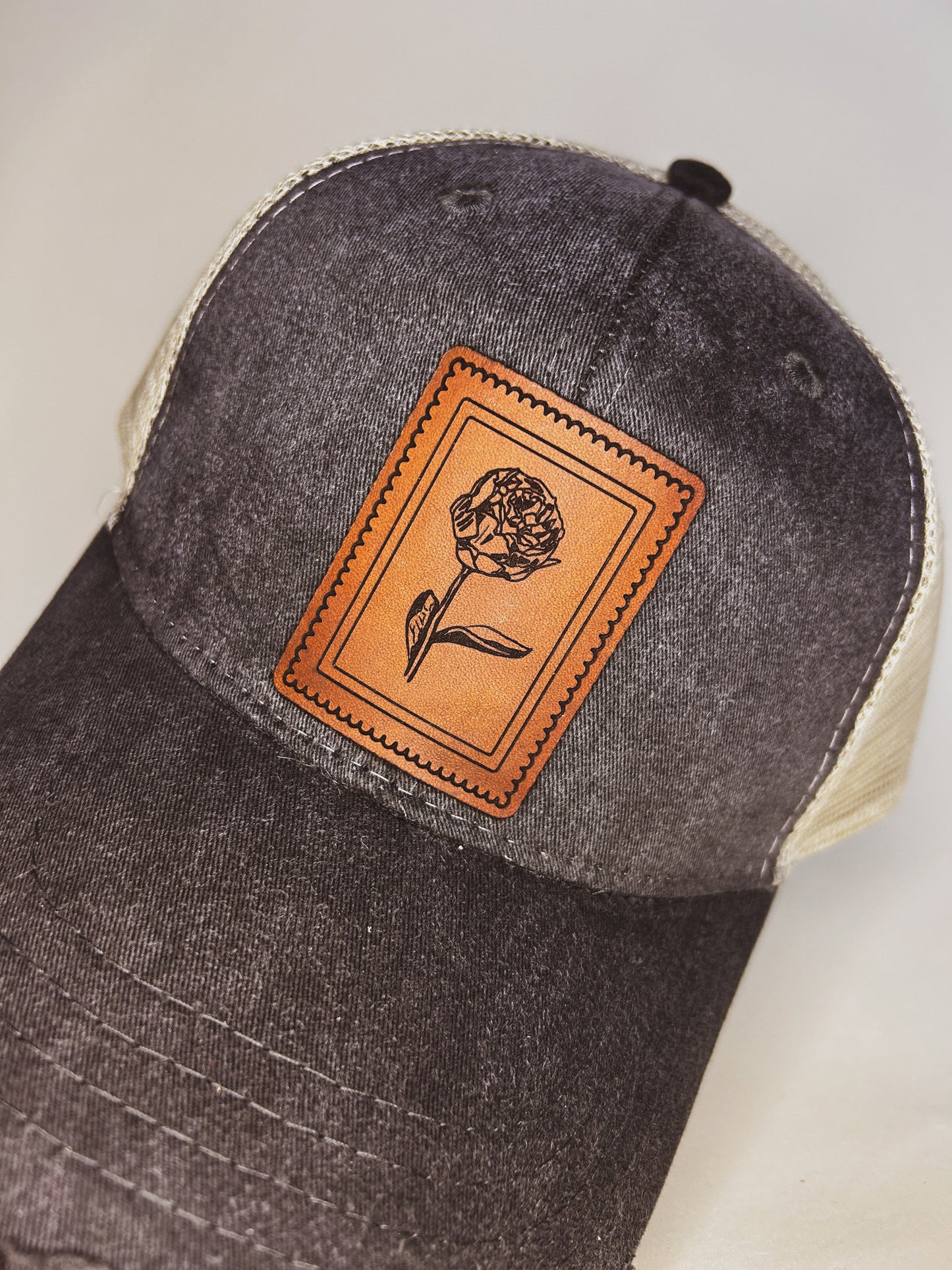 Vintage Peony Stamp Leather Patch Hat