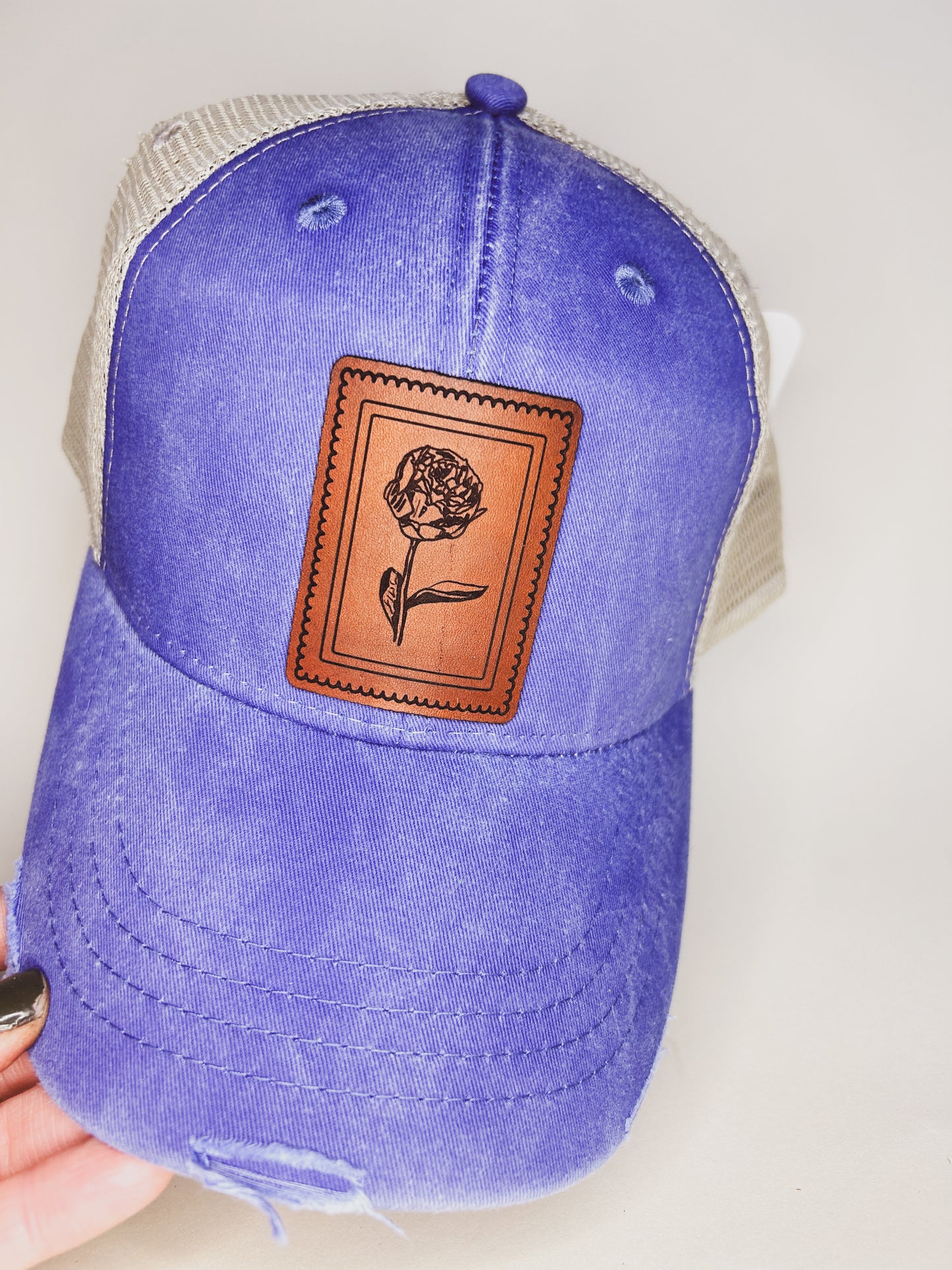 Vintage Peony Stamp Leather Patch Hat - Blue Hat
