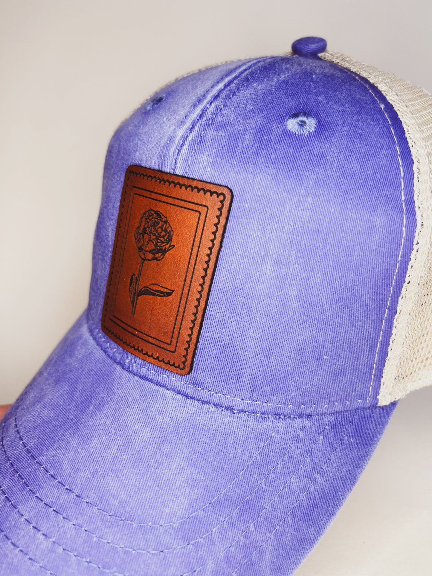 Vintage Peony Stamp Leather Patch Hat - Blue Hat