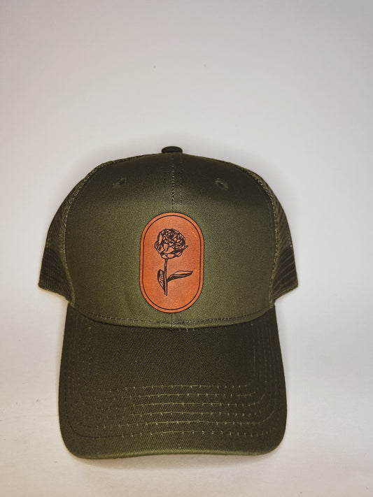 Oval Peony Leather Patch Hat on Olive Baseball Hat