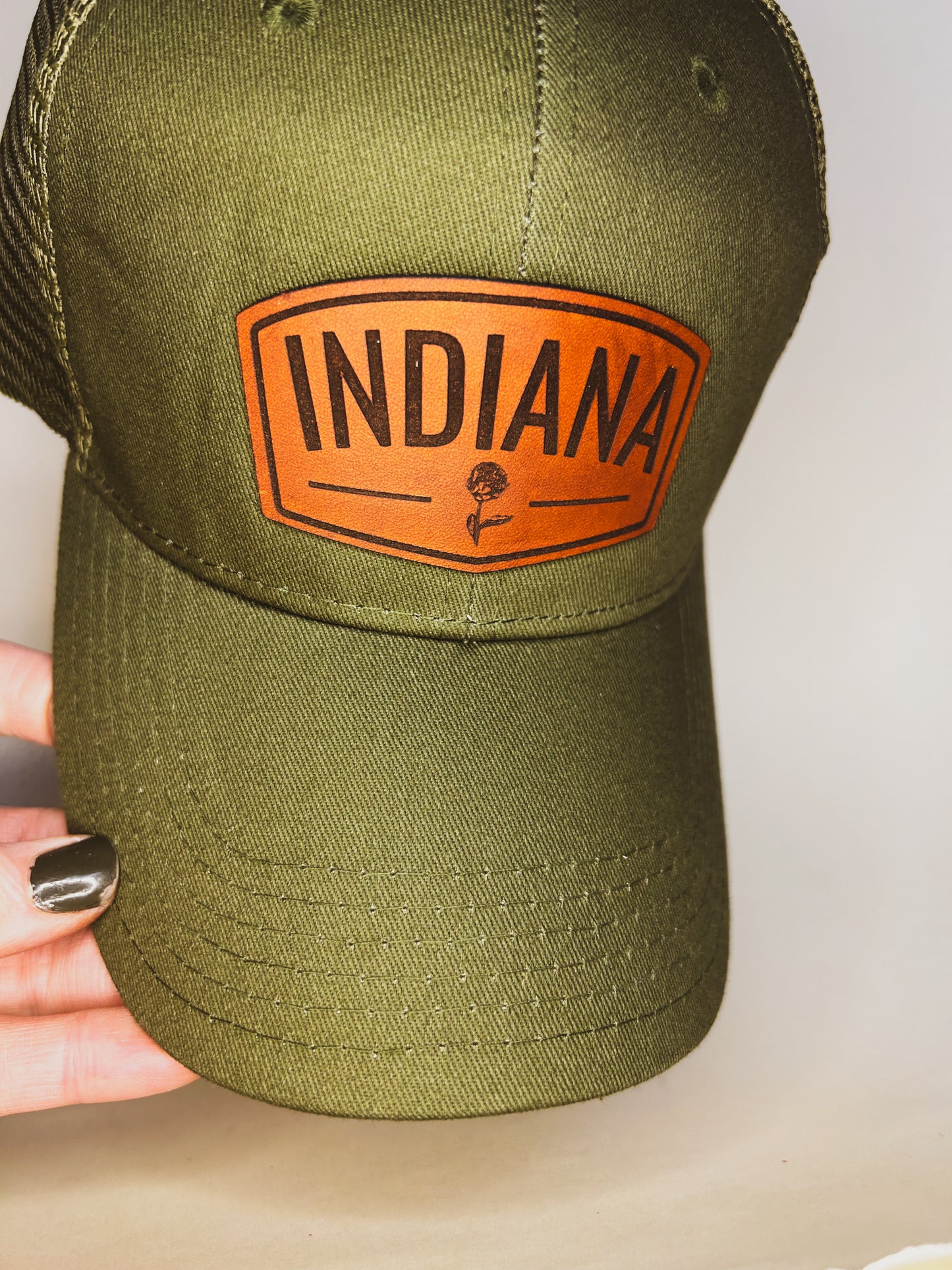 Indiana Peony Patch on Olive Baseball Hat