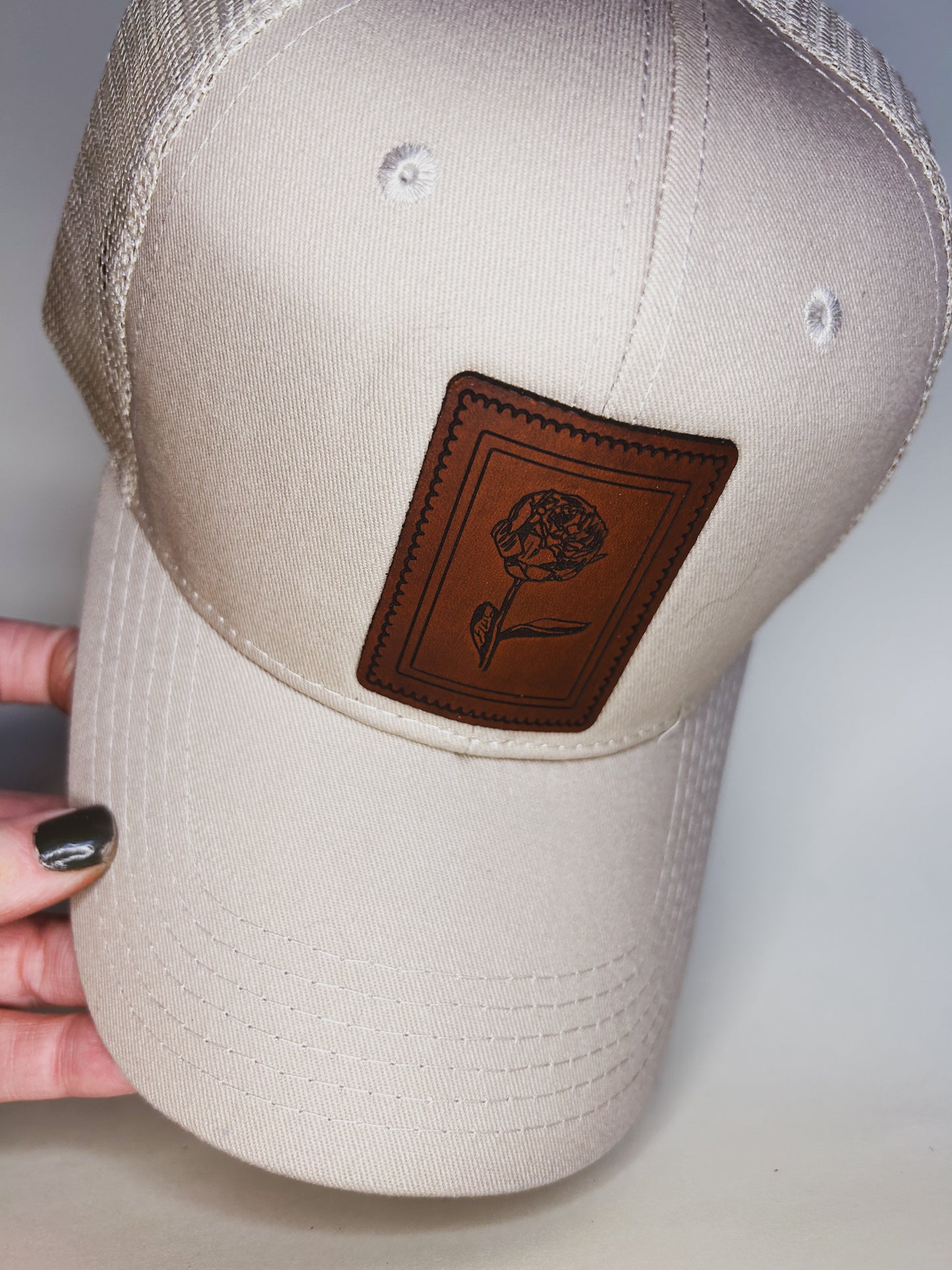Peony Stamp Leather Patch on Kahki Baseball Hat