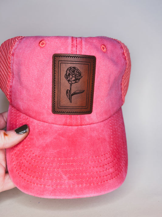Peony Stamp Patch on Pink Baseball Hat
