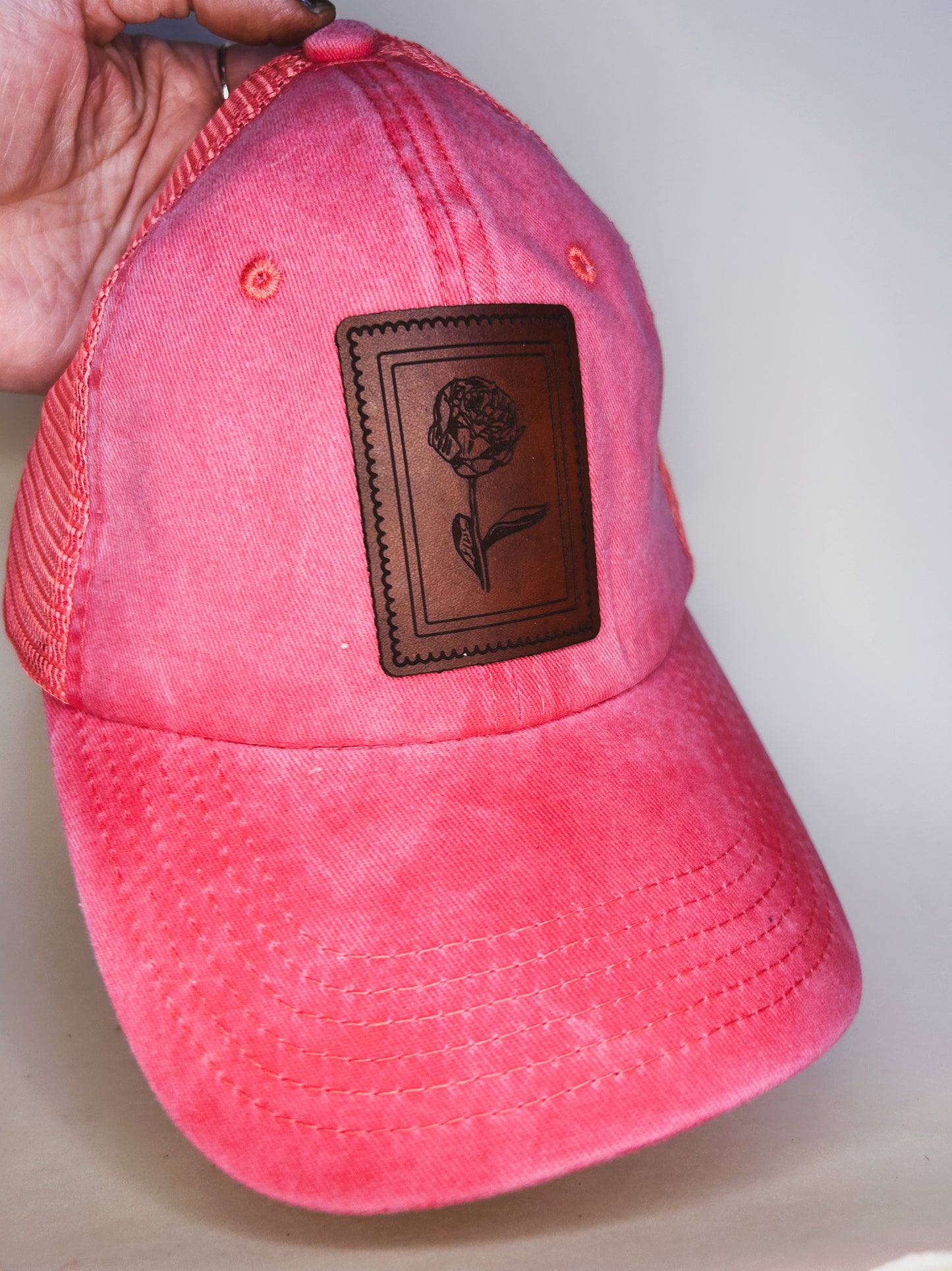 Peony Stamp Patch on Pink Baseball Hat