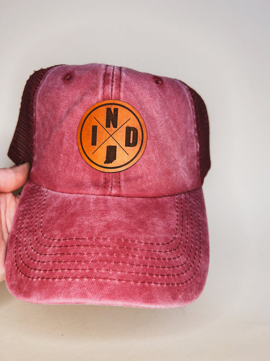 Indiana IND Circle Patch on Maroon Baseball Hat