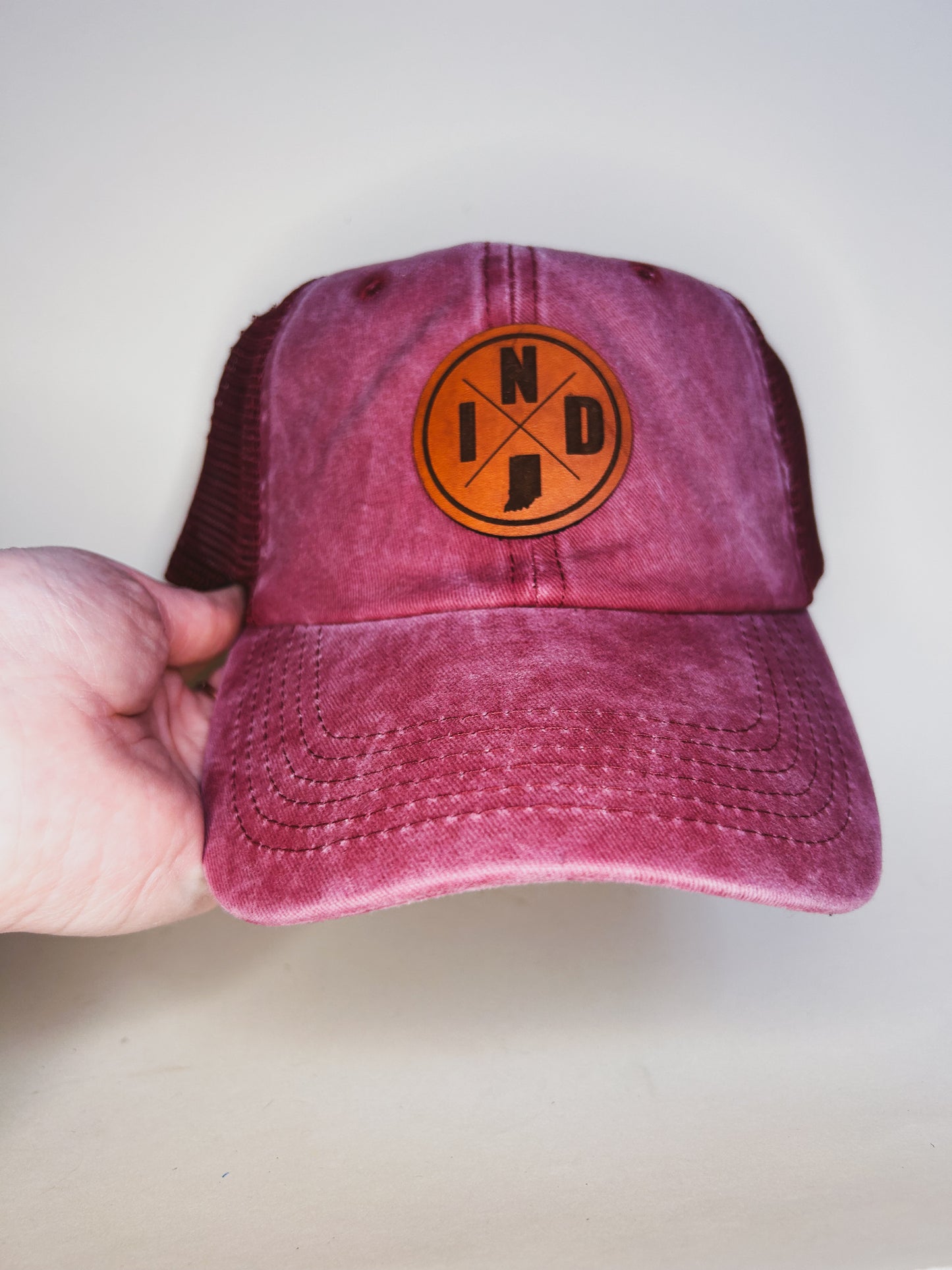 Indiana IND Circle Patch on Maroon Baseball Hat