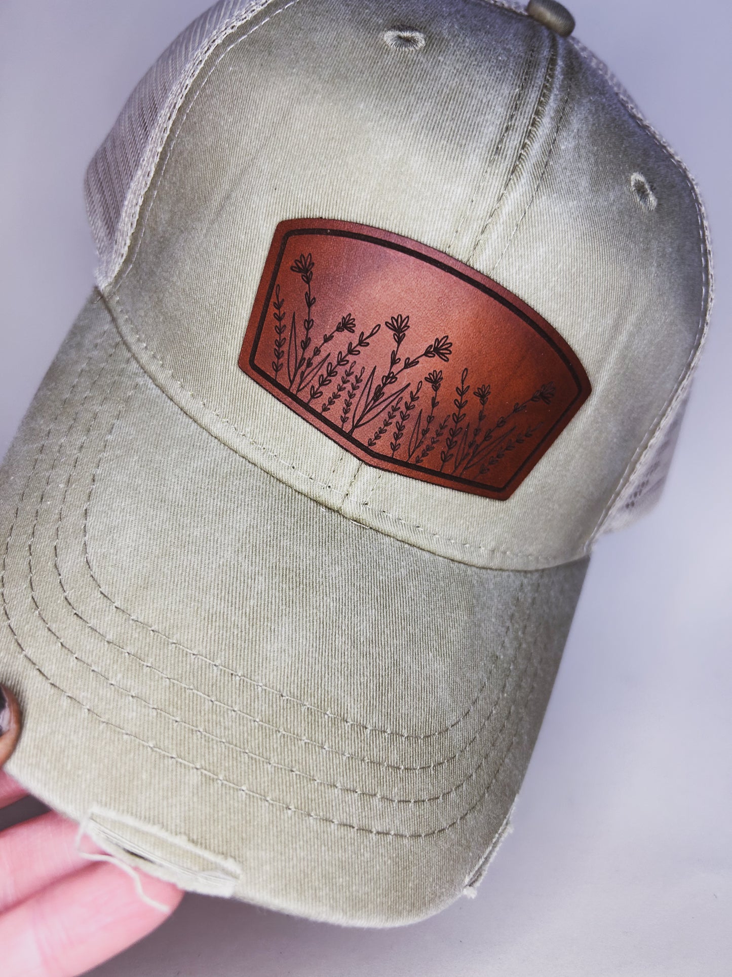 Wildflower Leather Patch on Light Olive Baseball Hat