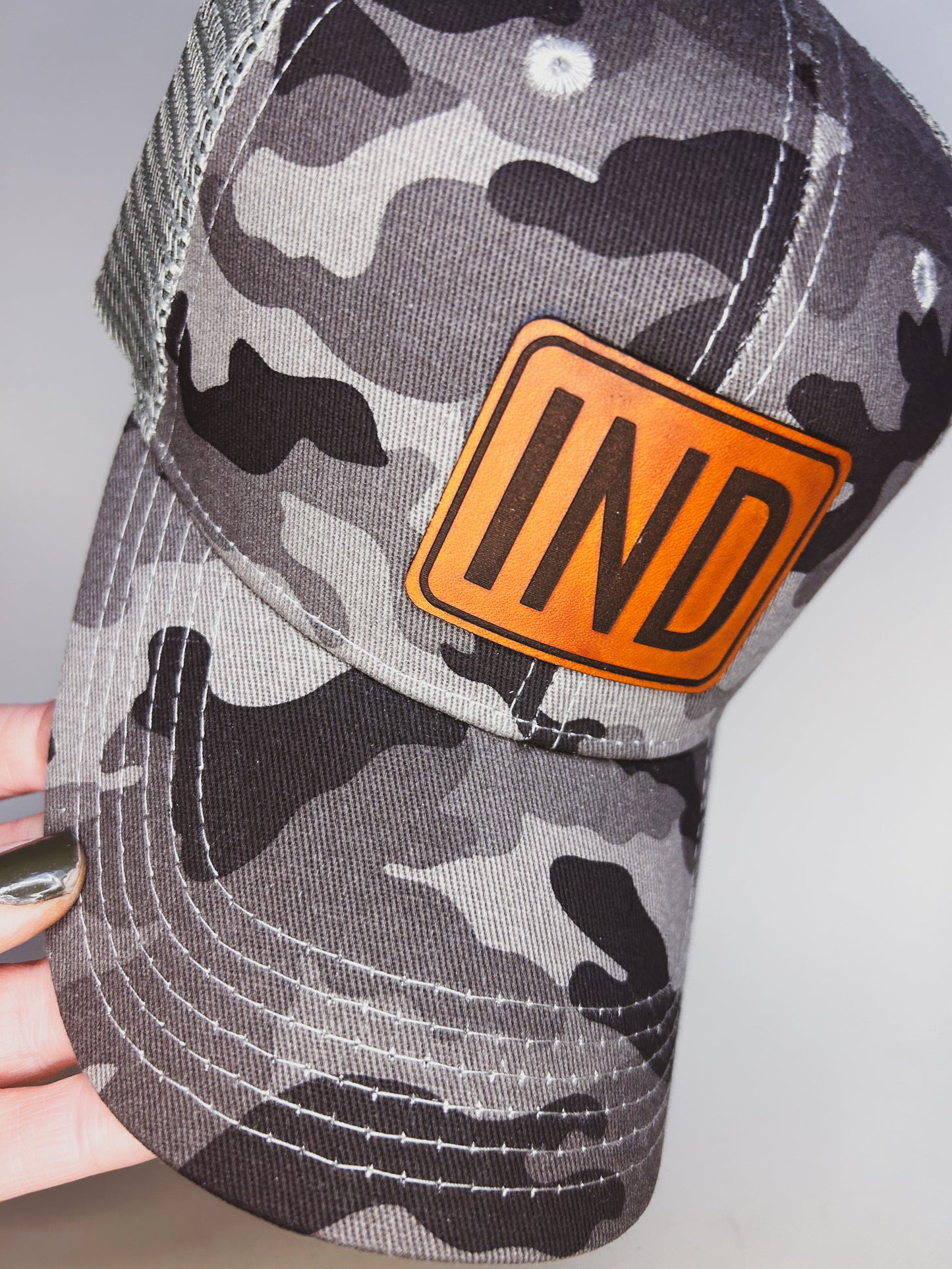 IND Patch on Gray Camo Baseball Hat