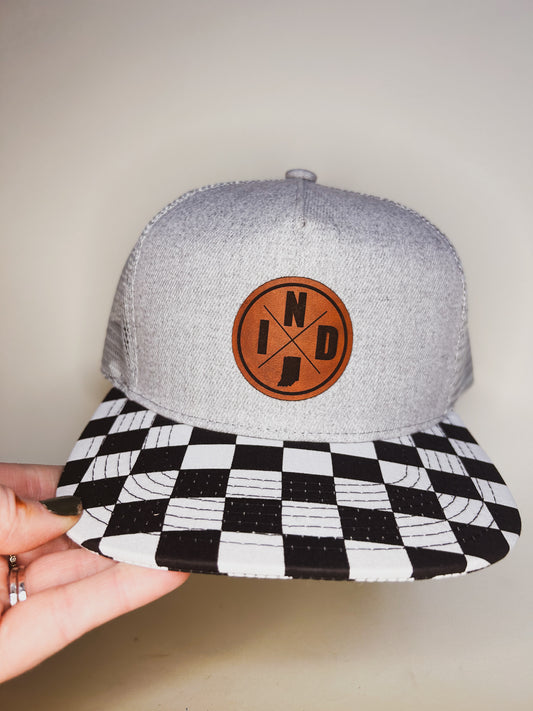 Circle IND Patch on Gray and Checkered Trucker Hat