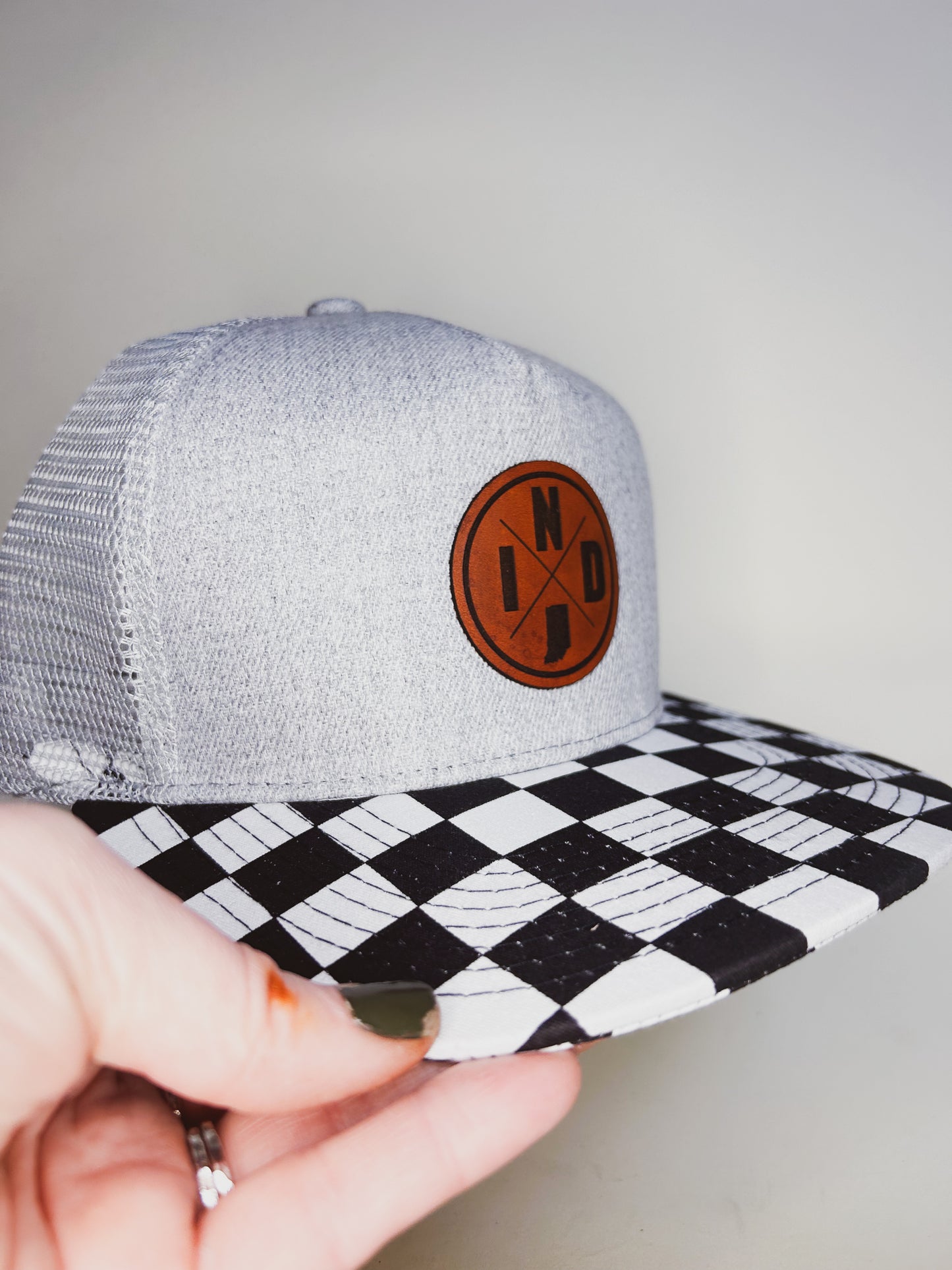 Circle IND Patch on Gray and Checkered Trucker Hat