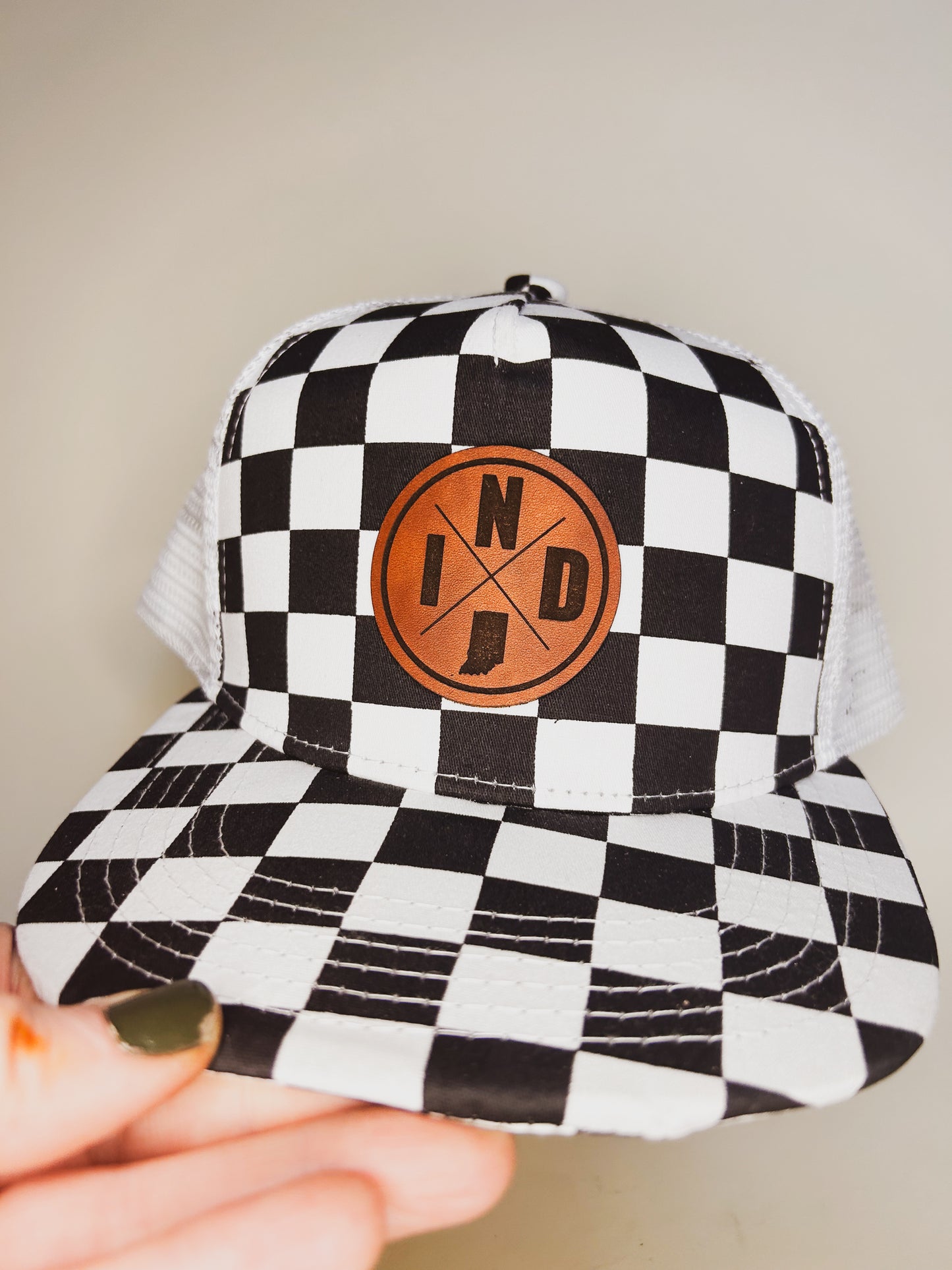 Circle IND Patch on Checkered Trucker Hat - Kids Size