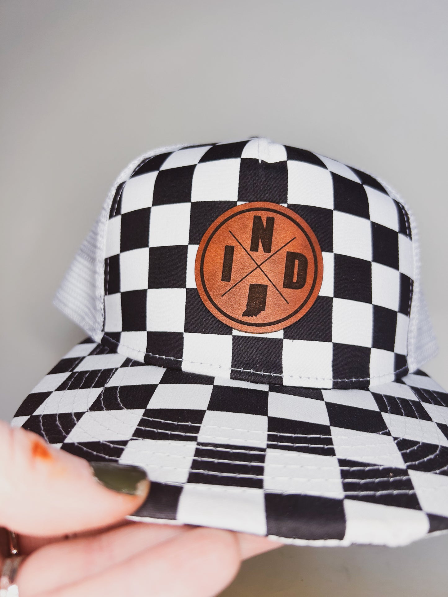 Circle IND Patch on Checkered Trucker Hat - Kids Size