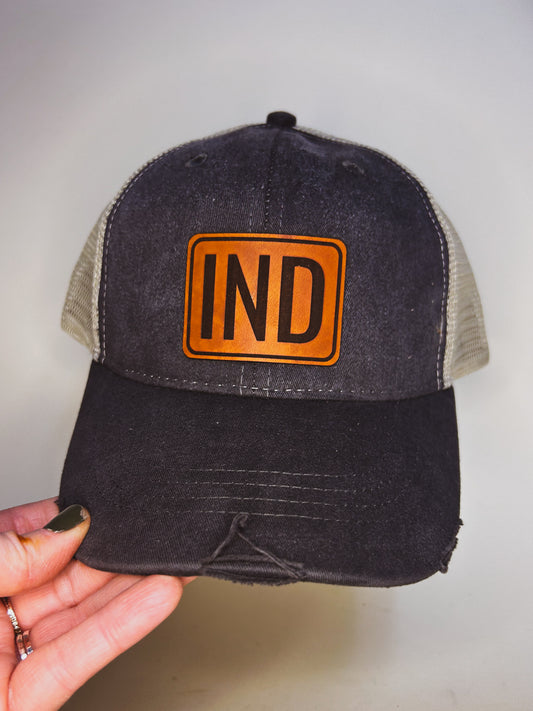 IND Patch on Distressed Charcoal Baseball Hat