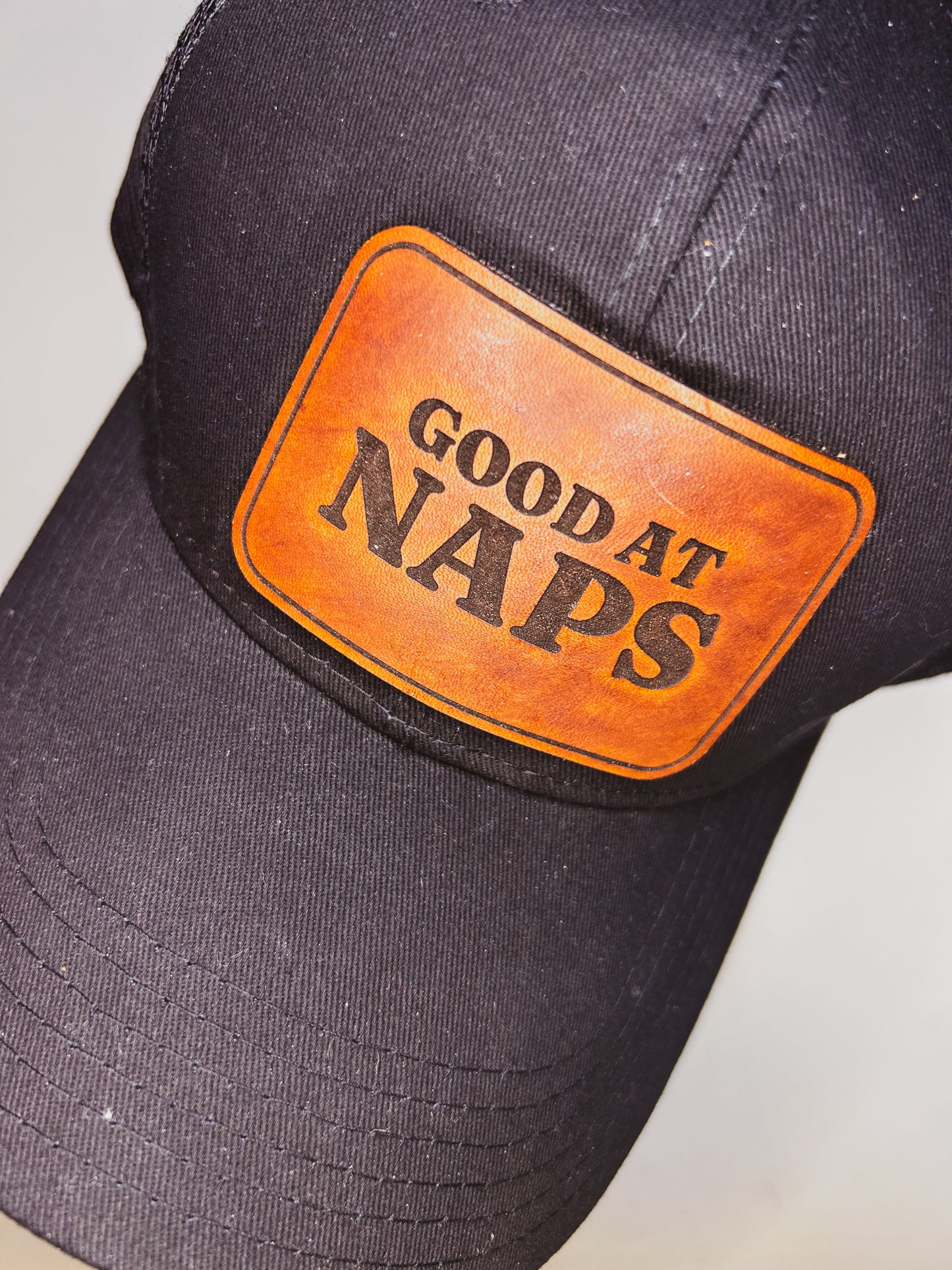 Good At Naps Leather Patch on Black Baseball Hat