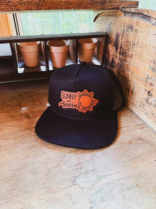 Custom  Logo Leather Patch Hat - Flat Bill Trucker - Adult