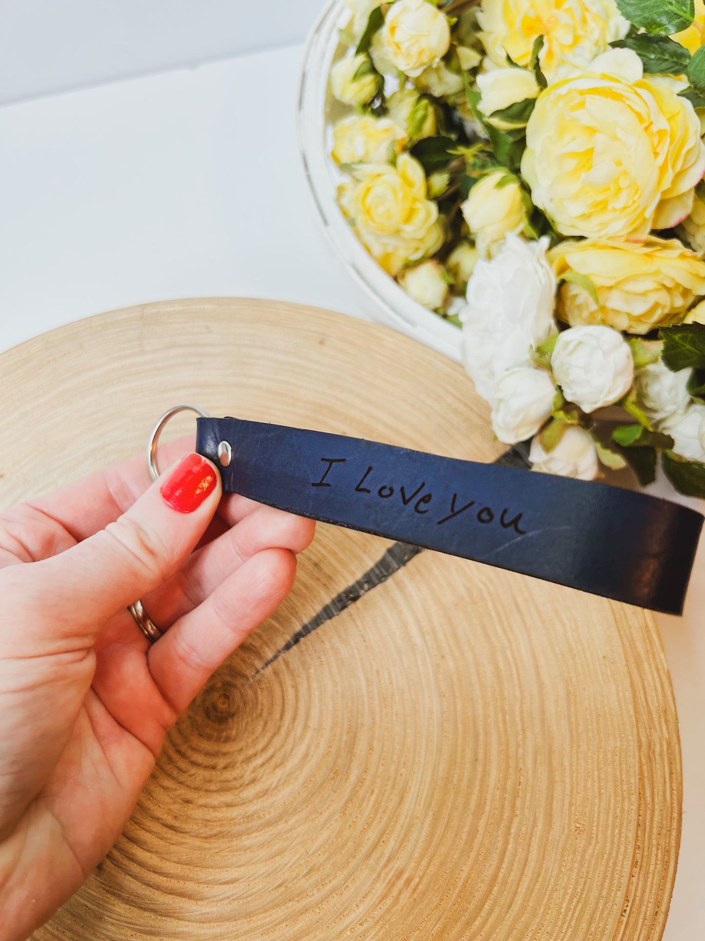 Leather Wristlet Keychain with Actual Handwriting Engraved