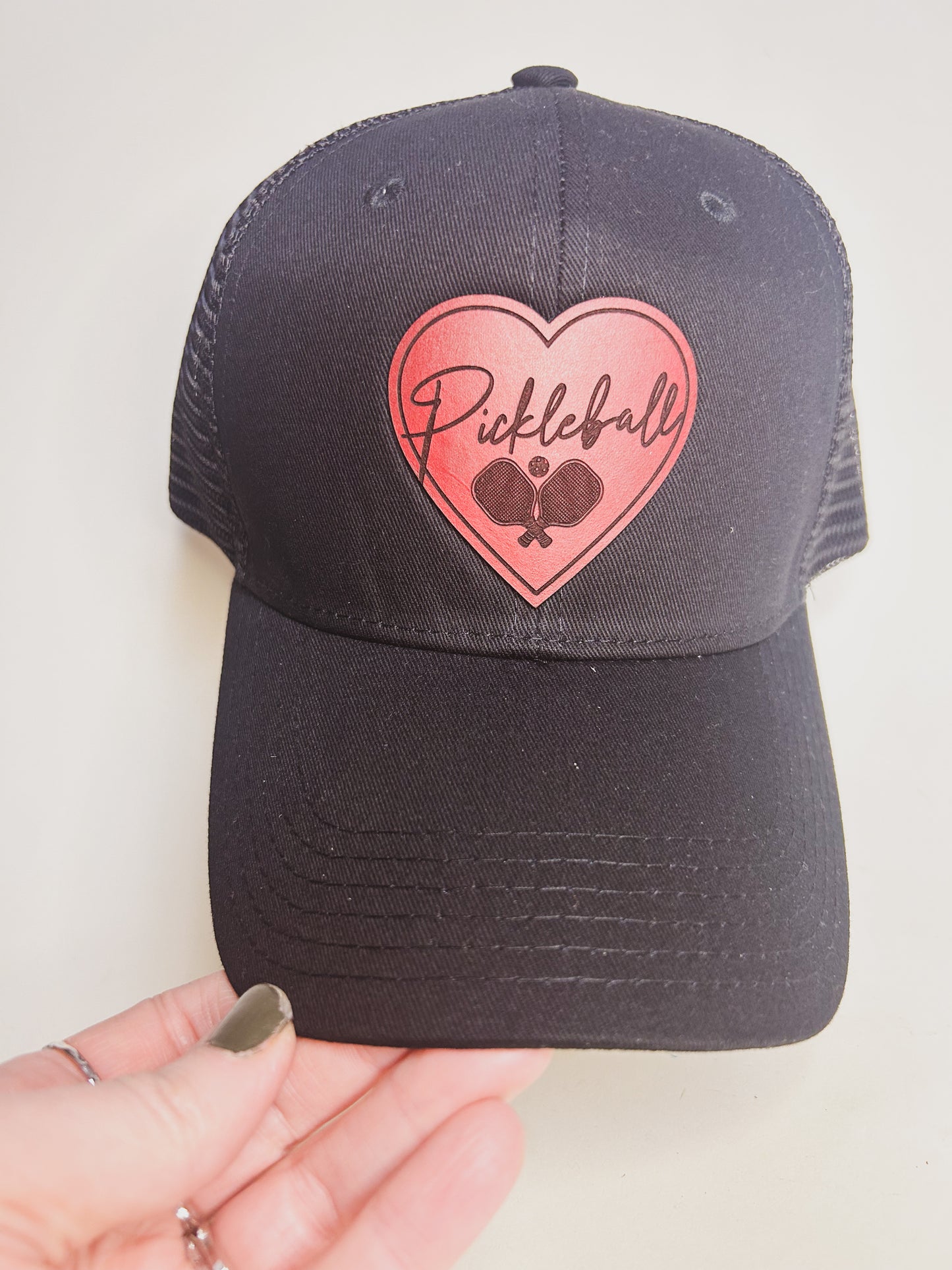 Pickleball Heart Leather Patch on Black Baseball hat