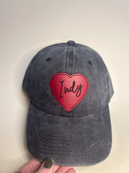 Red Indy Heart Patch on Black Baseball Hat