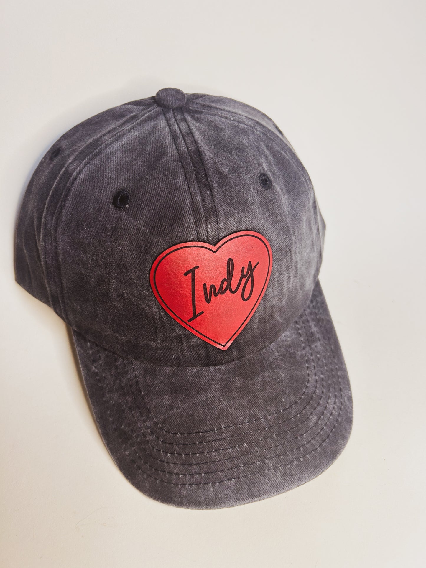 Red Indy Heart Patch on Black Baseball Hat