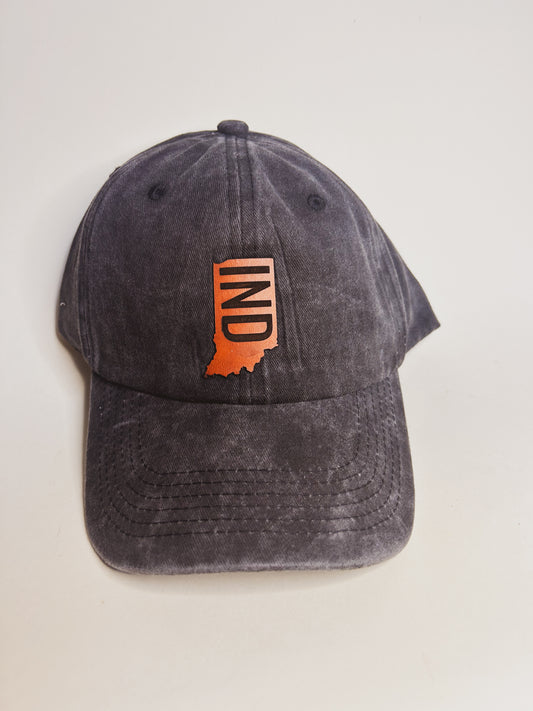 Indiana IND Patch on Black Baseball Hat - Clasp Back