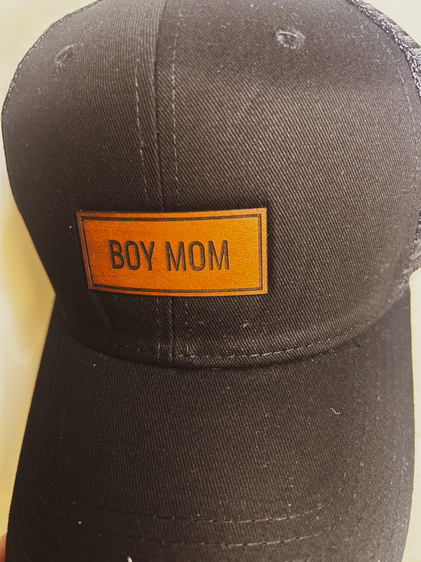 Boy Mom Leather Patch on Black Baseball Hat
