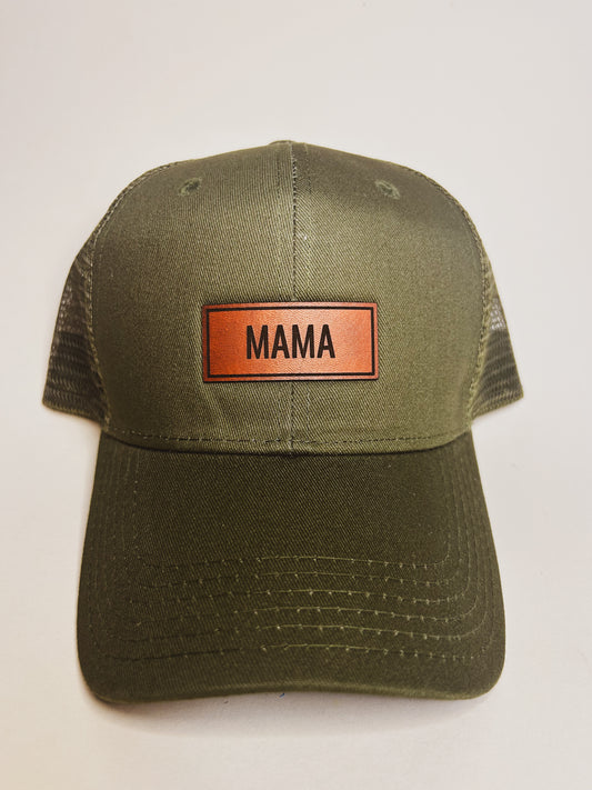 Mama Leather Patch on Olive Green Baseball Hat