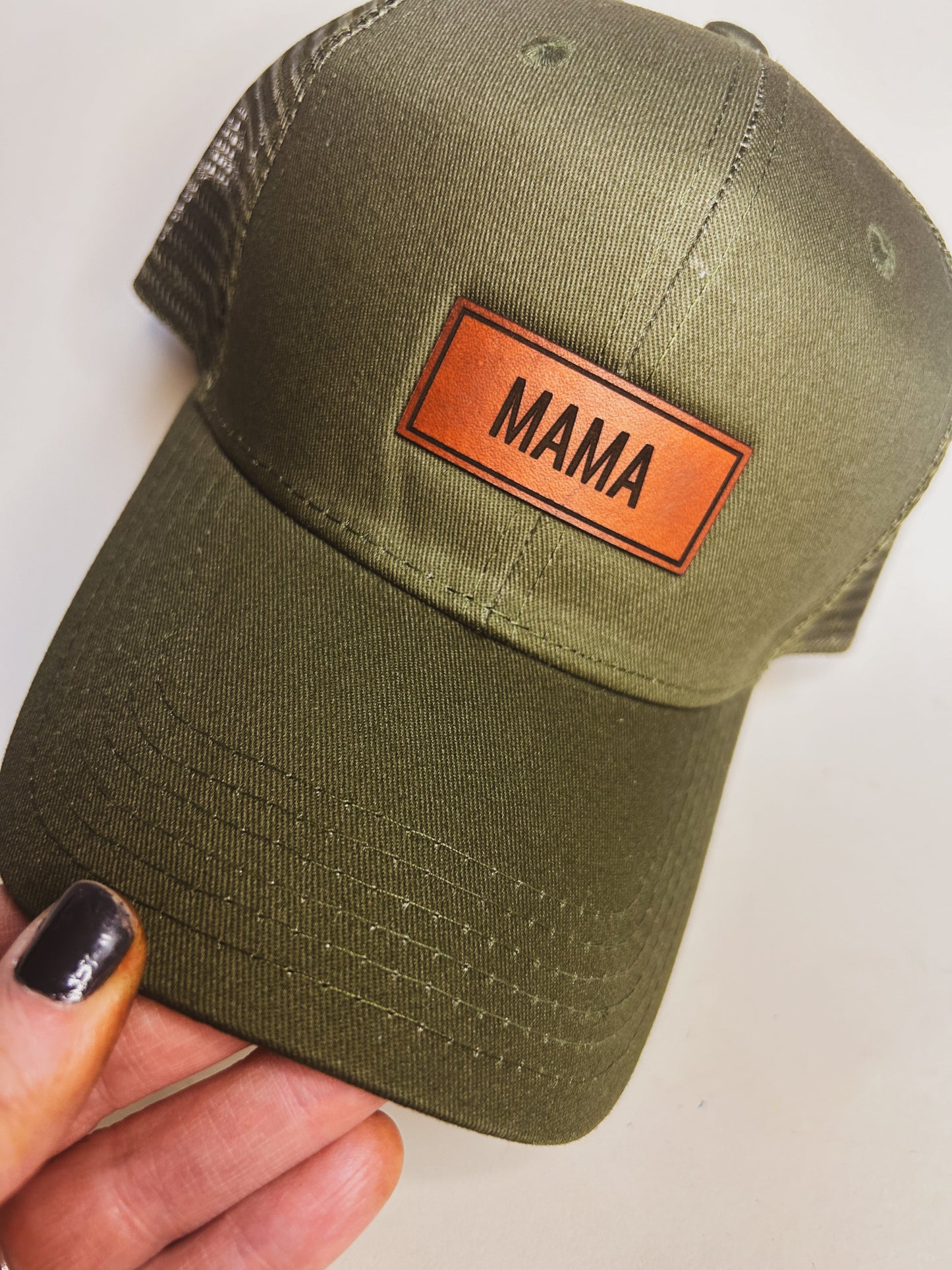 Mama Leather Patch on Olive Green Baseball Hat