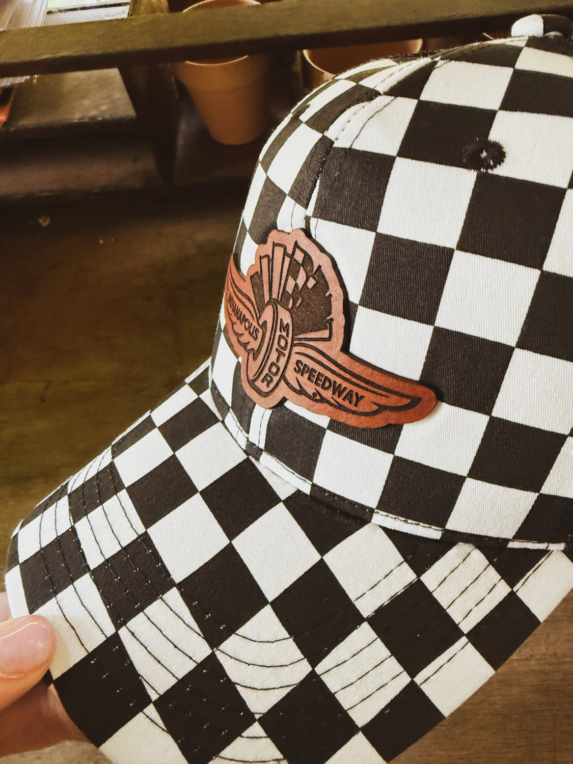 IMS Wings Leather Patch Hat on Checkered Baseball Hat