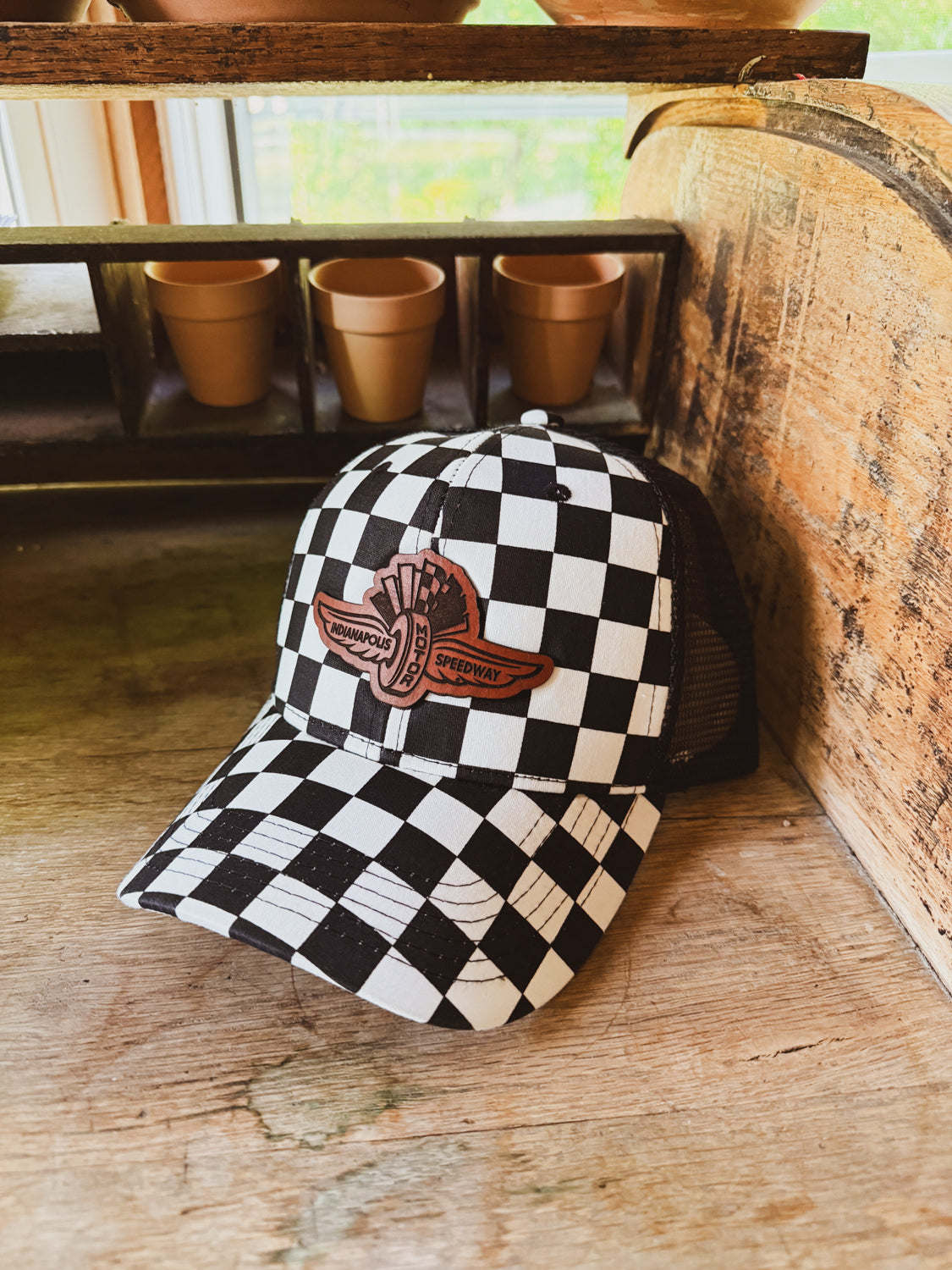 IMS Wings Leather Patch Hat on Checkered Baseball Hat