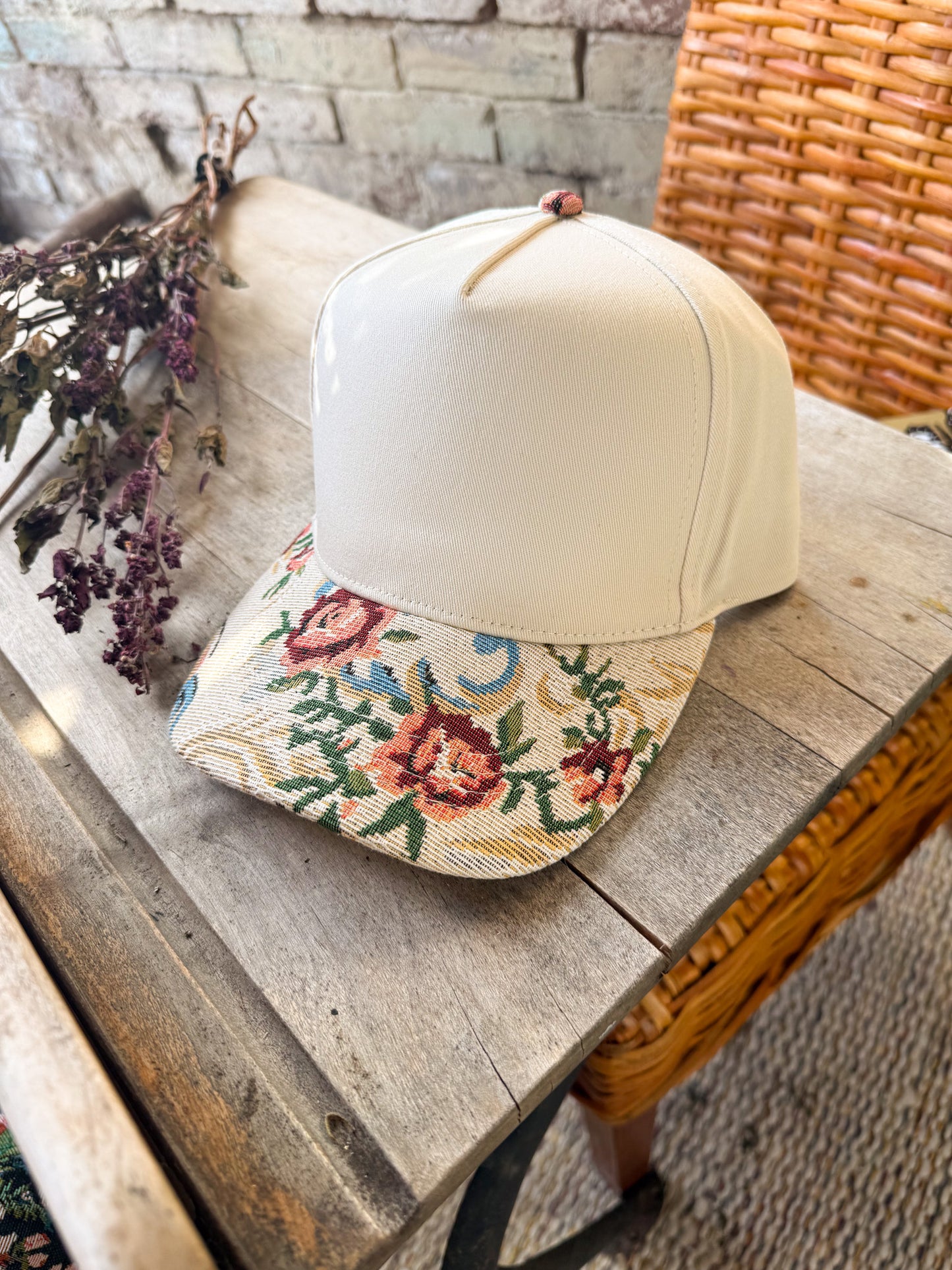 Custom Logo Hat on Cream Hat with Floral Bill