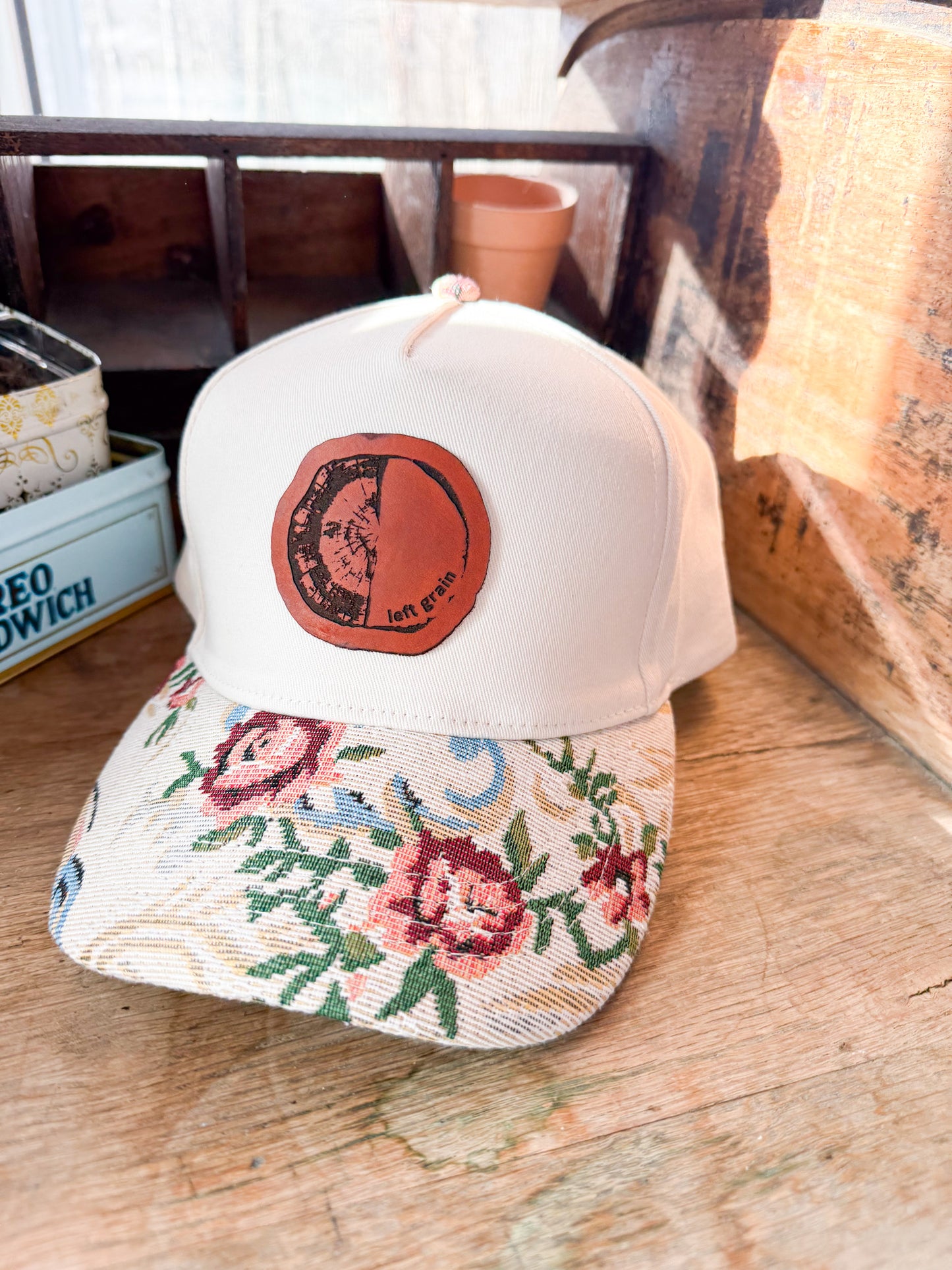 Custom Logo Hat on Cream Hat with Floral Bill