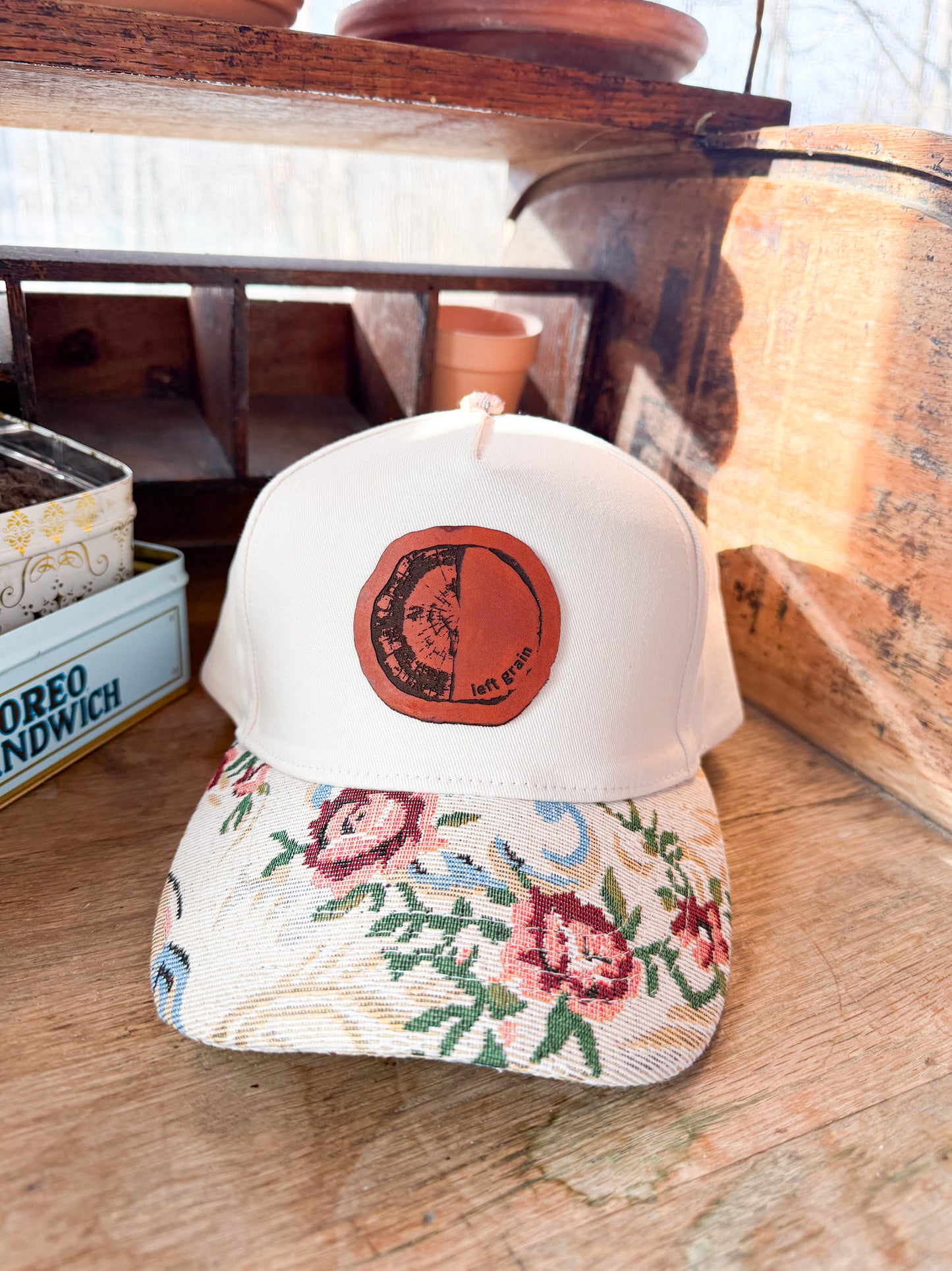 Custom Logo Hat on Cream Hat with Floral Bill
