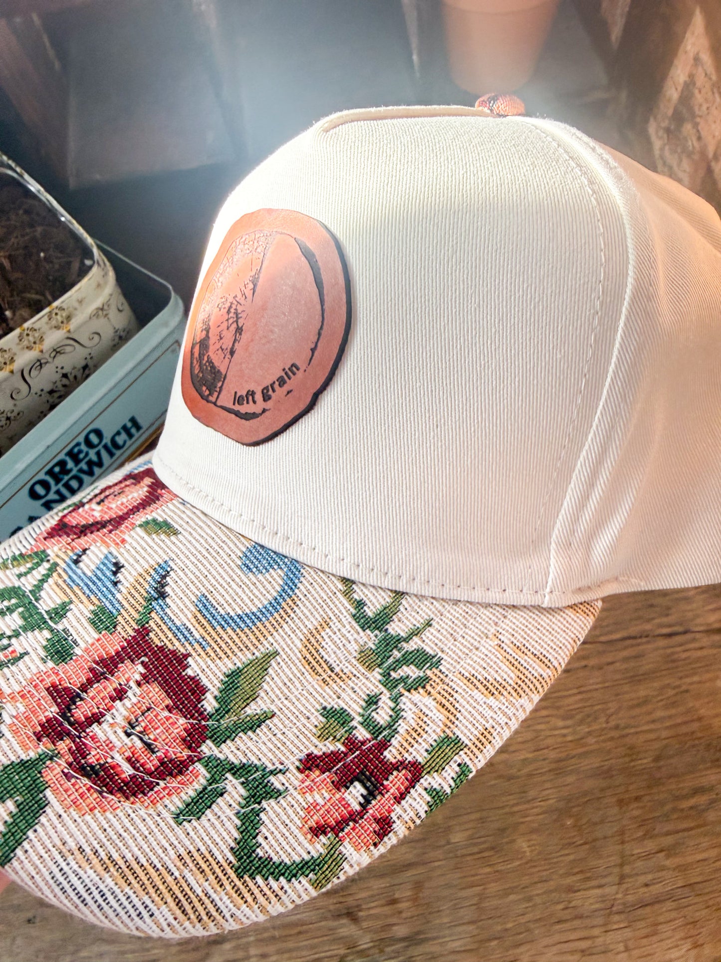 Custom Logo Hat on Cream Hat with Floral Bill