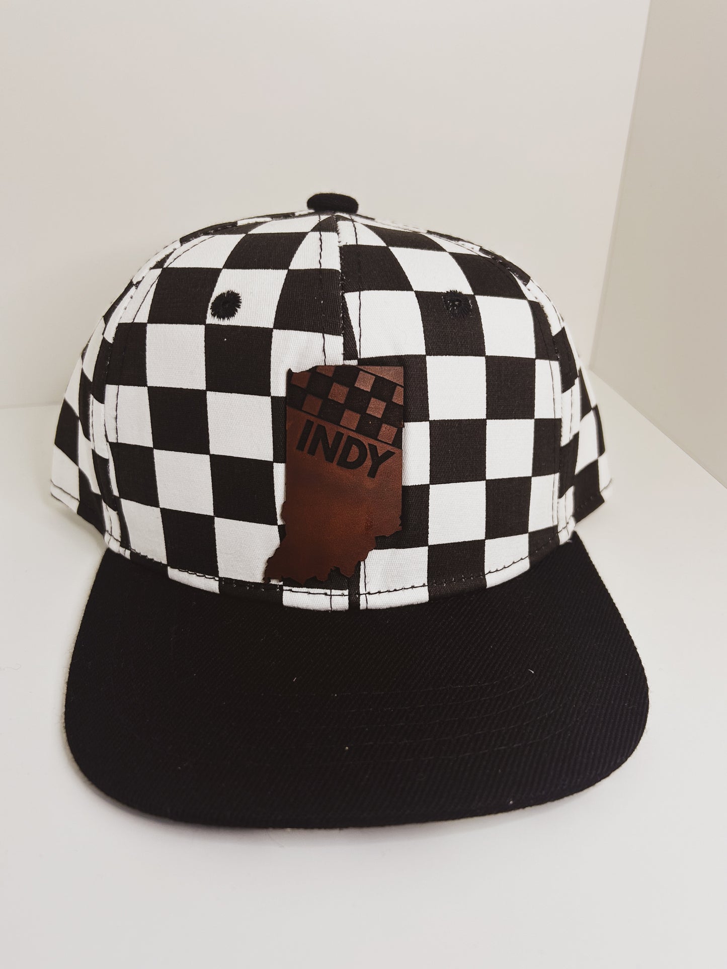 Indy Racing Leather Patch Hat - Checkered Hat with Black Bill