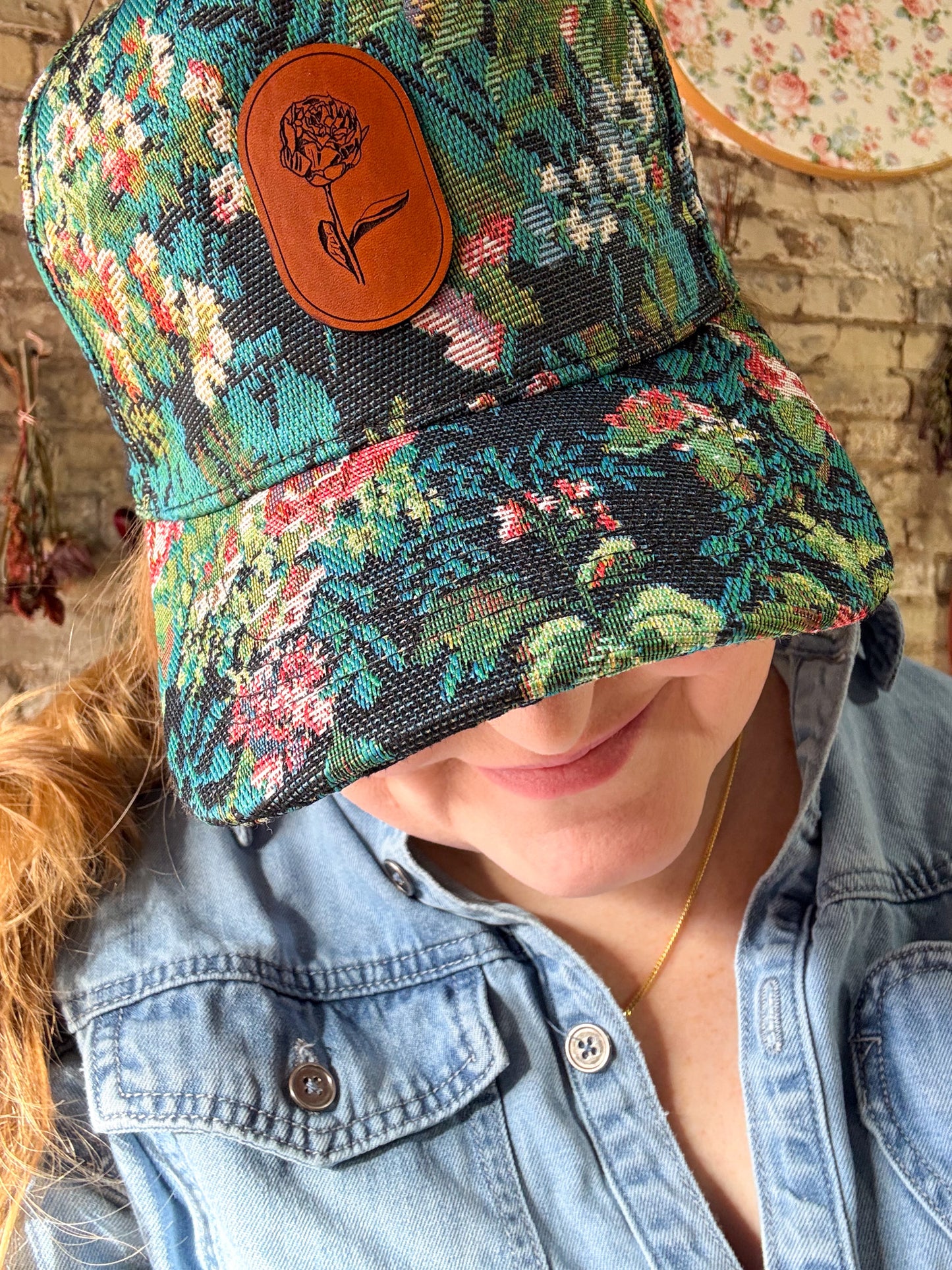 Blue Floral Hat with Oval Flower Patch