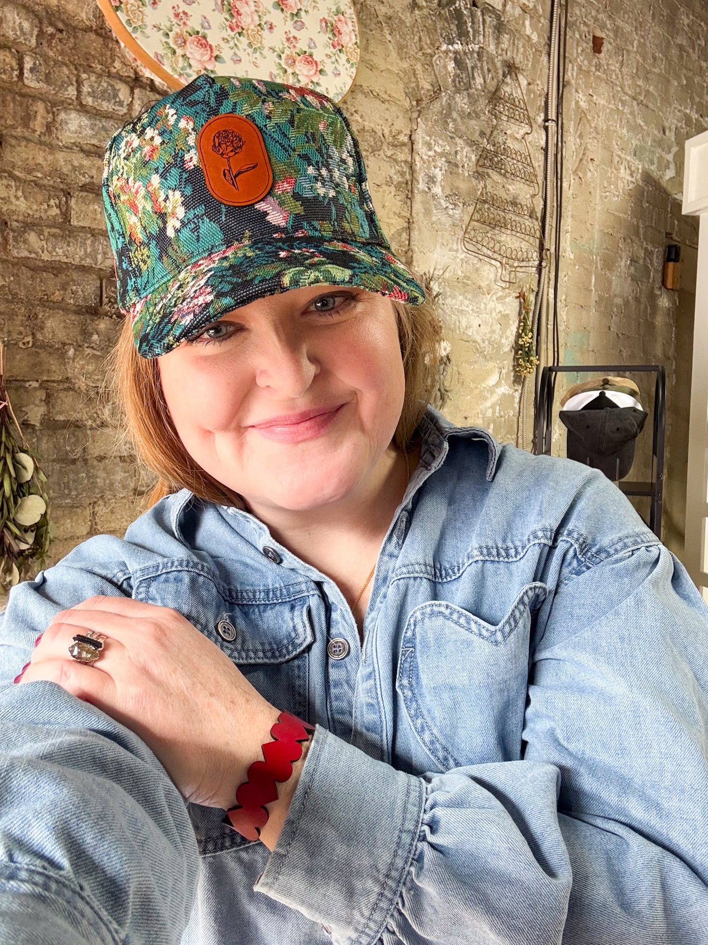 Blue Floral Hat with Oval Flower Patch