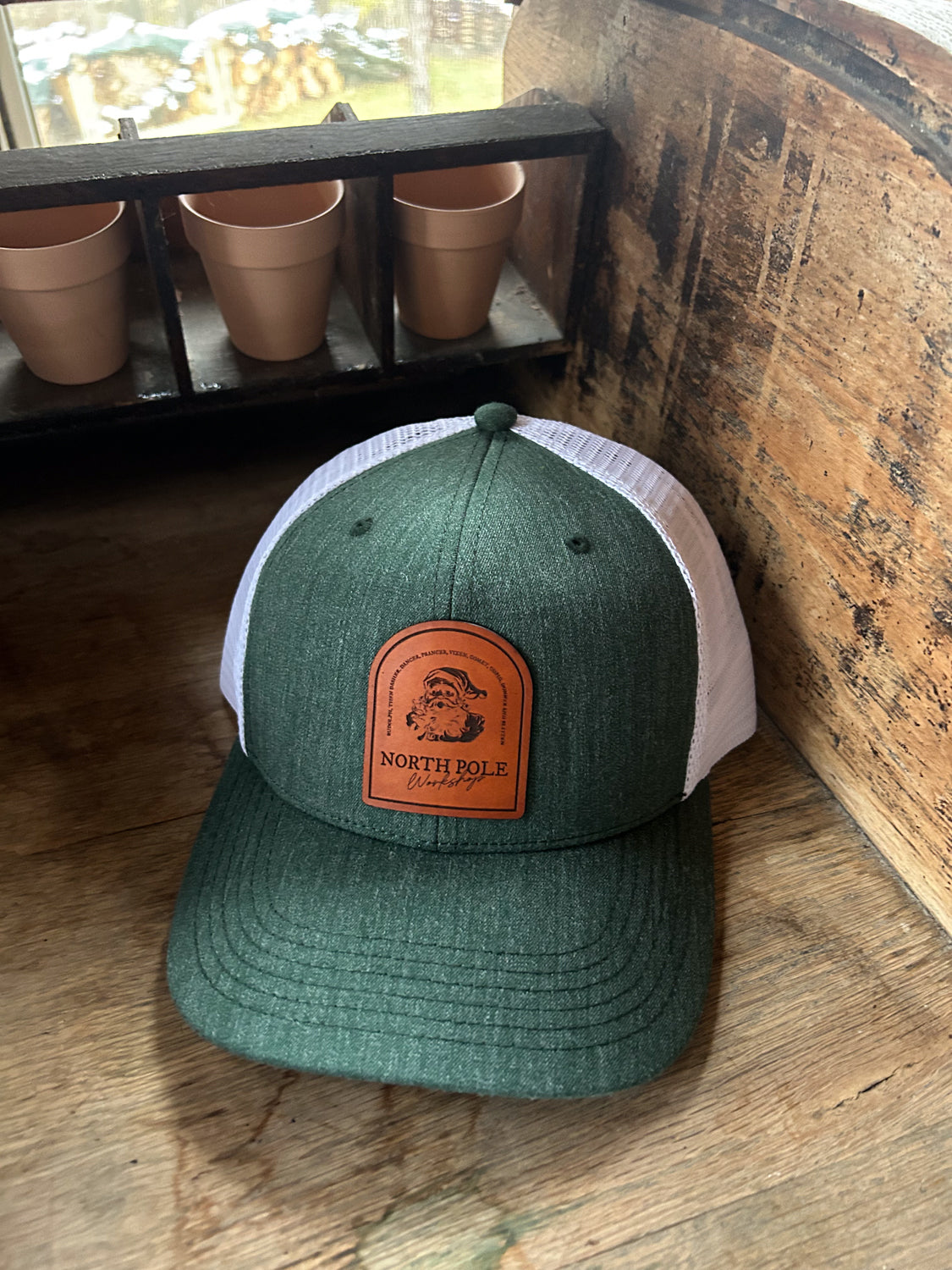 Santa's Workshop Leather Patch Hat - Green/White Trucker