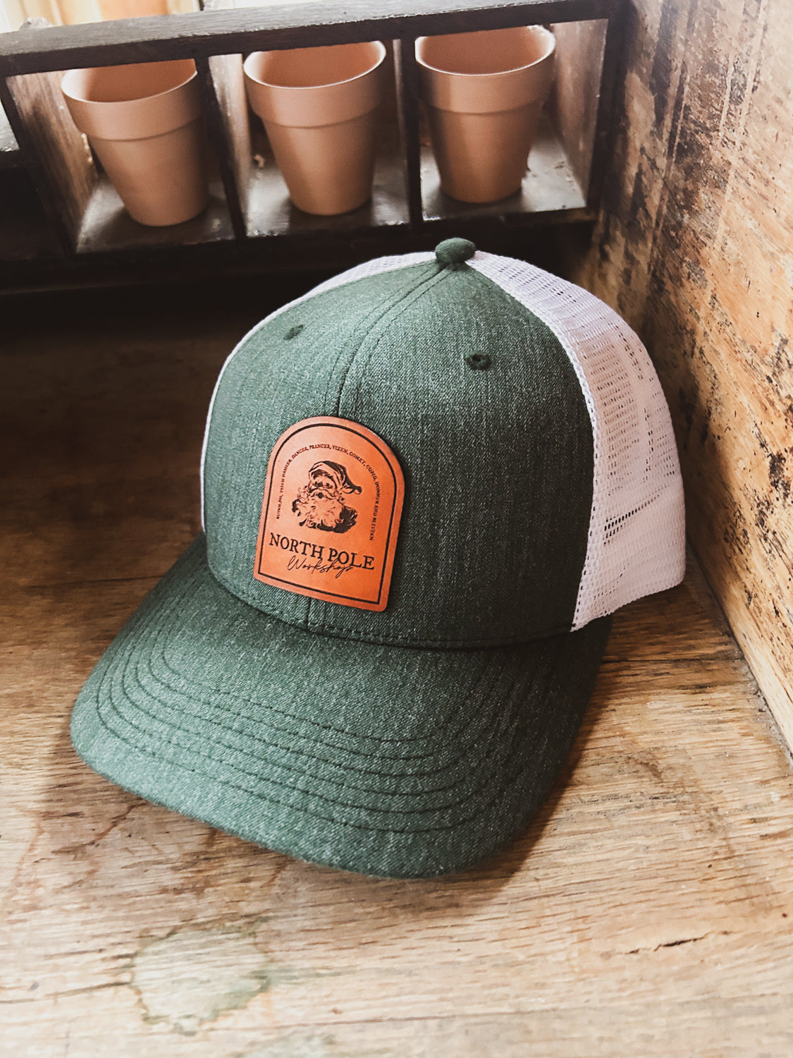 Santa's Workshop Leather Patch Hat - Green/White Trucker