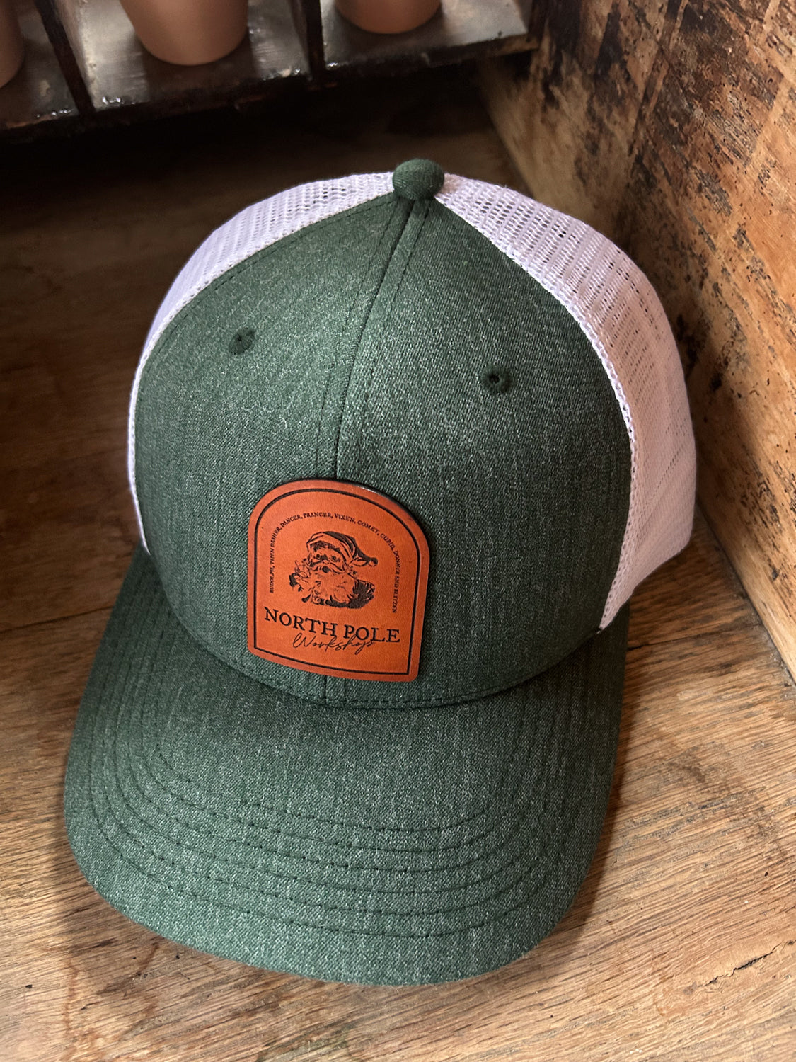 Santa's Workshop Leather Patch Hat - Green/White Trucker