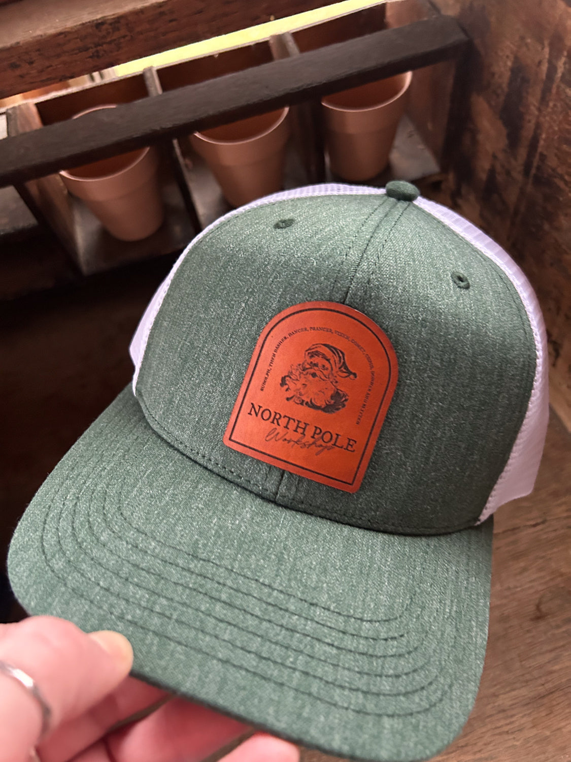 Santa's Workshop Leather Patch Hat - Green/White Trucker