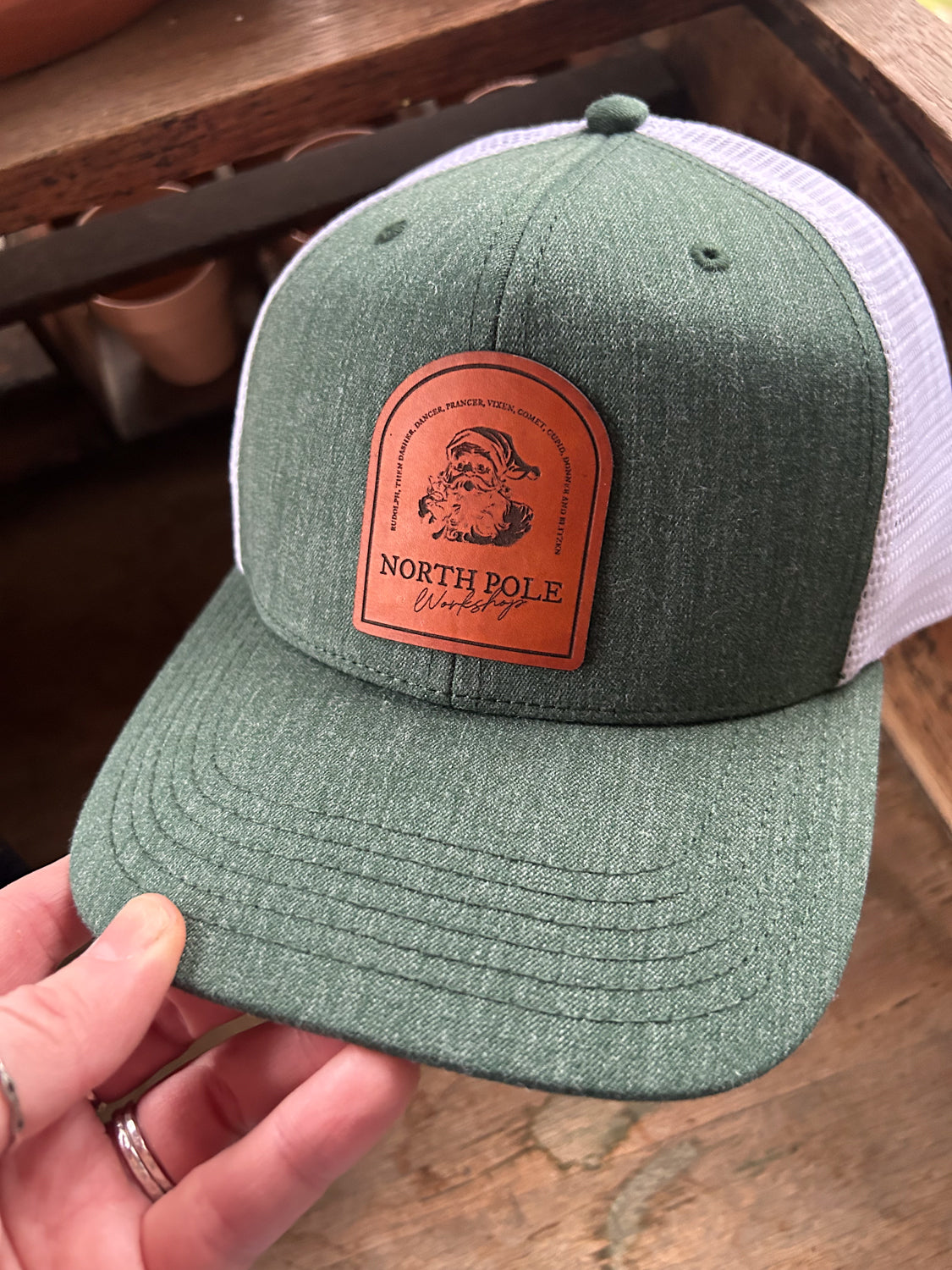 Santa's Workshop Leather Patch Hat - Green/White Trucker